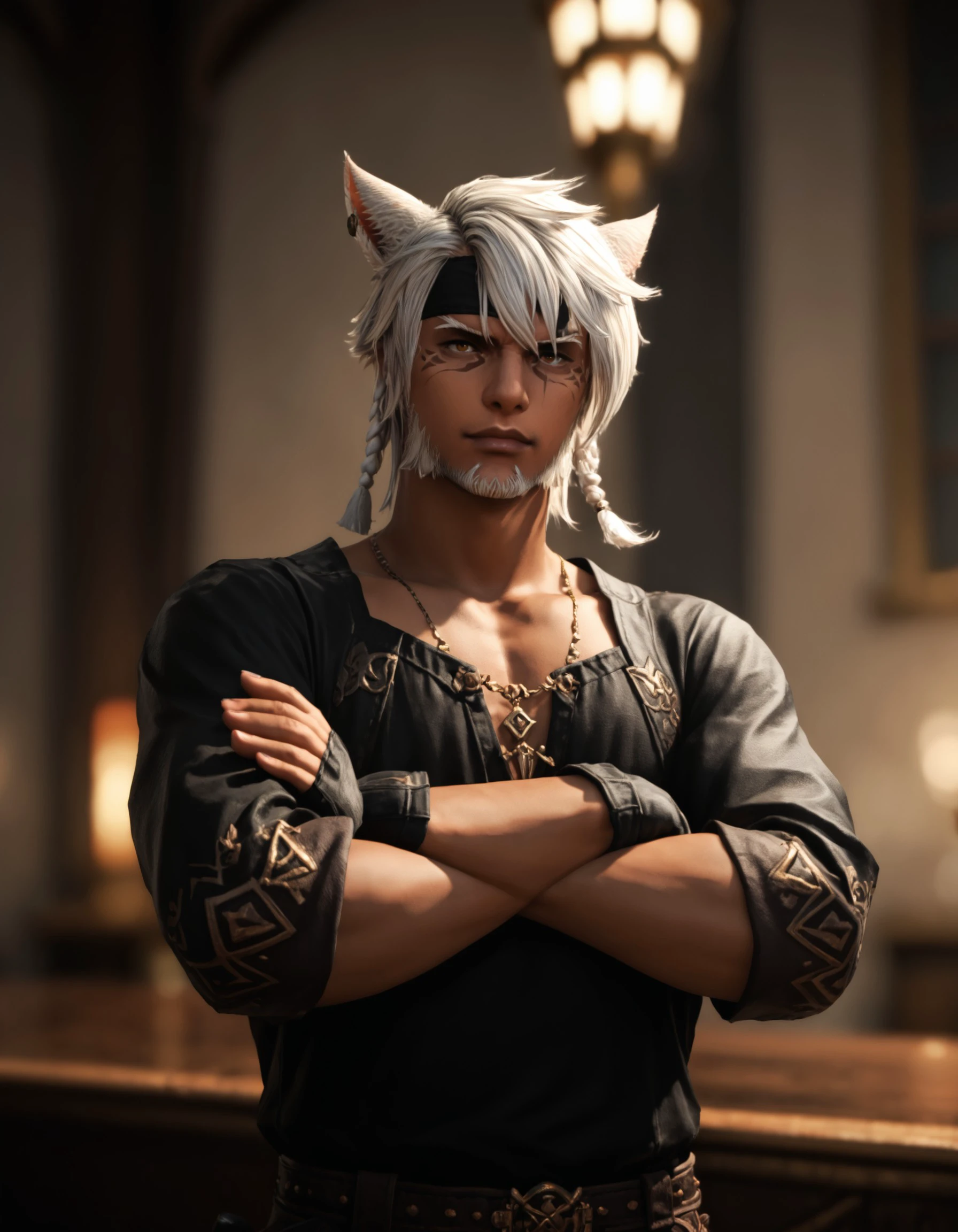 score_9, score_8_up, score_7_up, score_6_up, score_5_up, 3KK4T14, animal ears, 1boy, solo, dark-skinned male, male focus, miqo'te, blurry background, dark skin, crossed arms, cat ears, blurry, cat boy, facial hair, white hair, eyepatch, braid, facial mark, jewelry, looking at viewer, gloves, beard, tattoo, cinematic angle, cinematic lighting, ultra HD, complimentary colors, <lora:05b4ee60-e7e4-4acf-8aa7-d7a6dc9f4242:0.7>