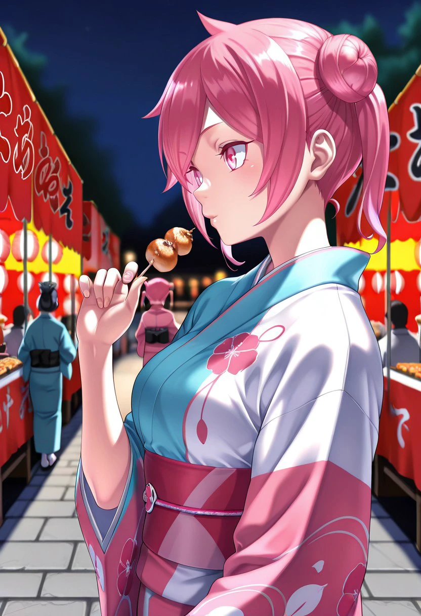 absurdres, 4k res, high quality, score_7_and_above, 1girl, solo, masterpiece,, akiho_rindou, pink hair, twintails, pink eyes, kimono, festival, blurry background, nightime, hair in a bun, food in hand