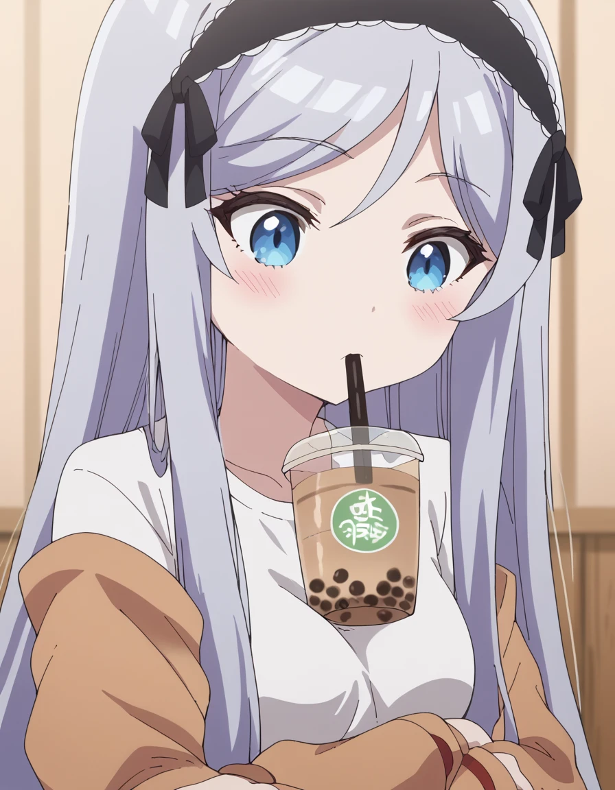 score_9, score_8_up, score_7_up, source_anime, <lora:shisei-houjo-alpha-ponyxl-lora-nochekaiser:1>, shisei houjo, long hair, blue eyes, very long hair, grey hair, black hairband, maturefemale, small breasts, anime screencap, <lora:bubble-tea-challenge-ponyxl-lora-nochekaiser:1>, bubble tea challenge, bubble tea, object on breast, drinking straw, drinking straw in mouth, drinking, cup,, indoors, sitting, looking down, , cowboy shot, solo