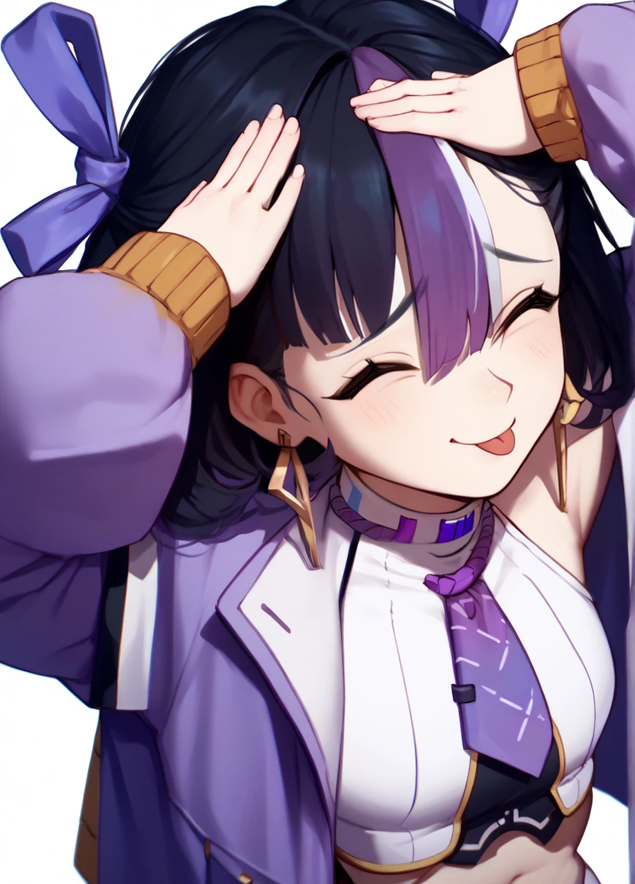 1girl, solo, black hair, purple streaked hair, hair ribbon, purple eyes, earrings, nikkesyuen, syuendef, purple jacket, crop top, necktie, white background, <lora:NIKKE_Syuen-PONY:0.8> <lora:AhEtoBlehMeme_pdxl_Incrs_v1:0.8> AhEtoBlehMeme, closed eyes, tongue out, :p, hands on own head, smile, score_8_up, score_7_up, score_6_up, score_5_up, score_4_up,