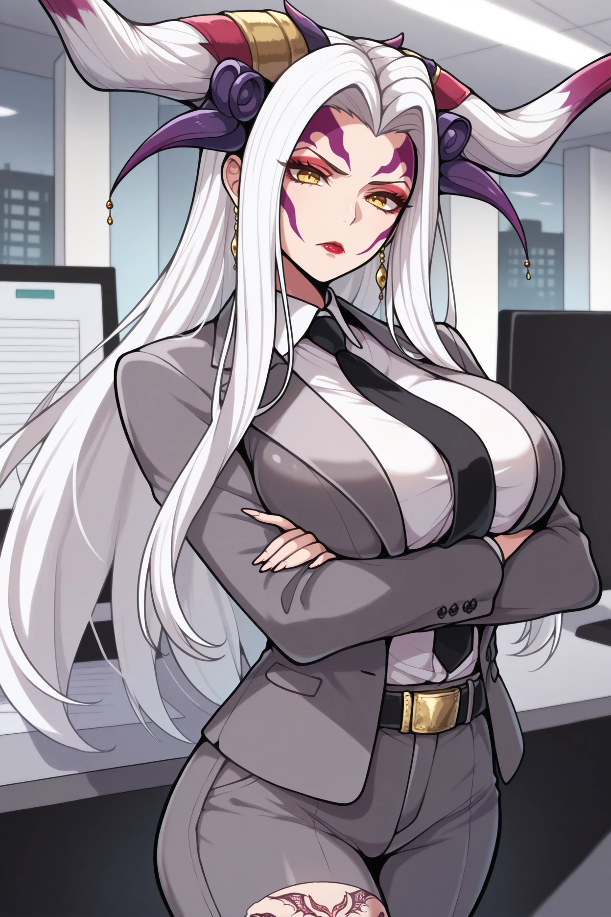 masterpiece, best quality, 1girl, solo <lora:ffultimecia-illu-nvwls-v1-000005:1> ffutmca, yellow eyes, white hair, horns, long hair, facial mark, lipstick, earrings, large breasts, tattoo, leg tattoo, grey suit, formal, black necktie, grey pants, belt, looking at viewer, crossed arms, office, frown, white shirt, collared shirt