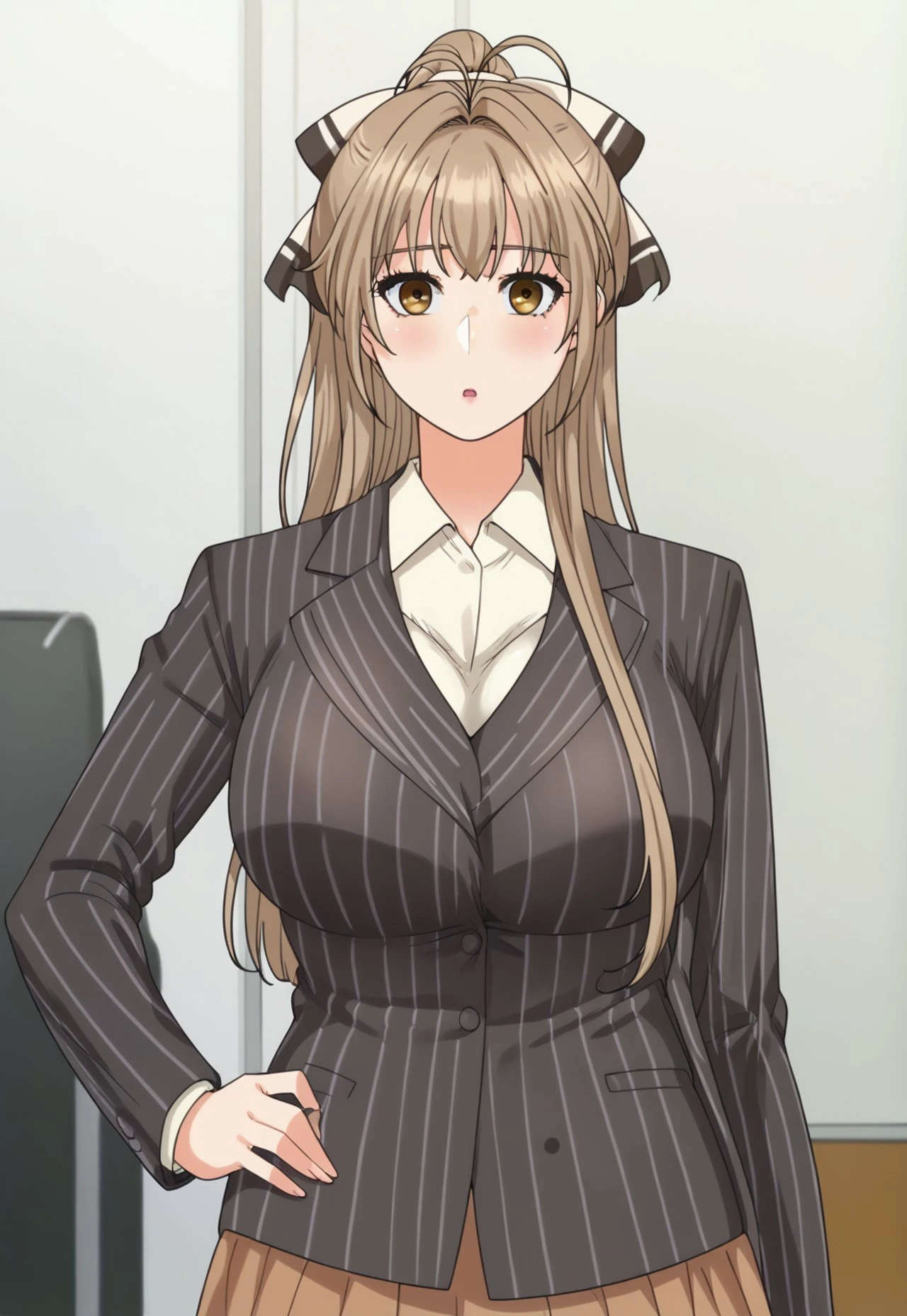 safe_pos, score_9, solo, 1girl, large breasts, isuzu sento, long hair, brown hair, bow, brown eyes, ponytail, hair intakes, antenna hair, breasts, skirt, pantyhose, striped, formal, suit, pinstripe pattern, skirt suit, pinstripe suit, indoors, Narrow shoulders, looking at viewer, facing viewer, hand on own hip