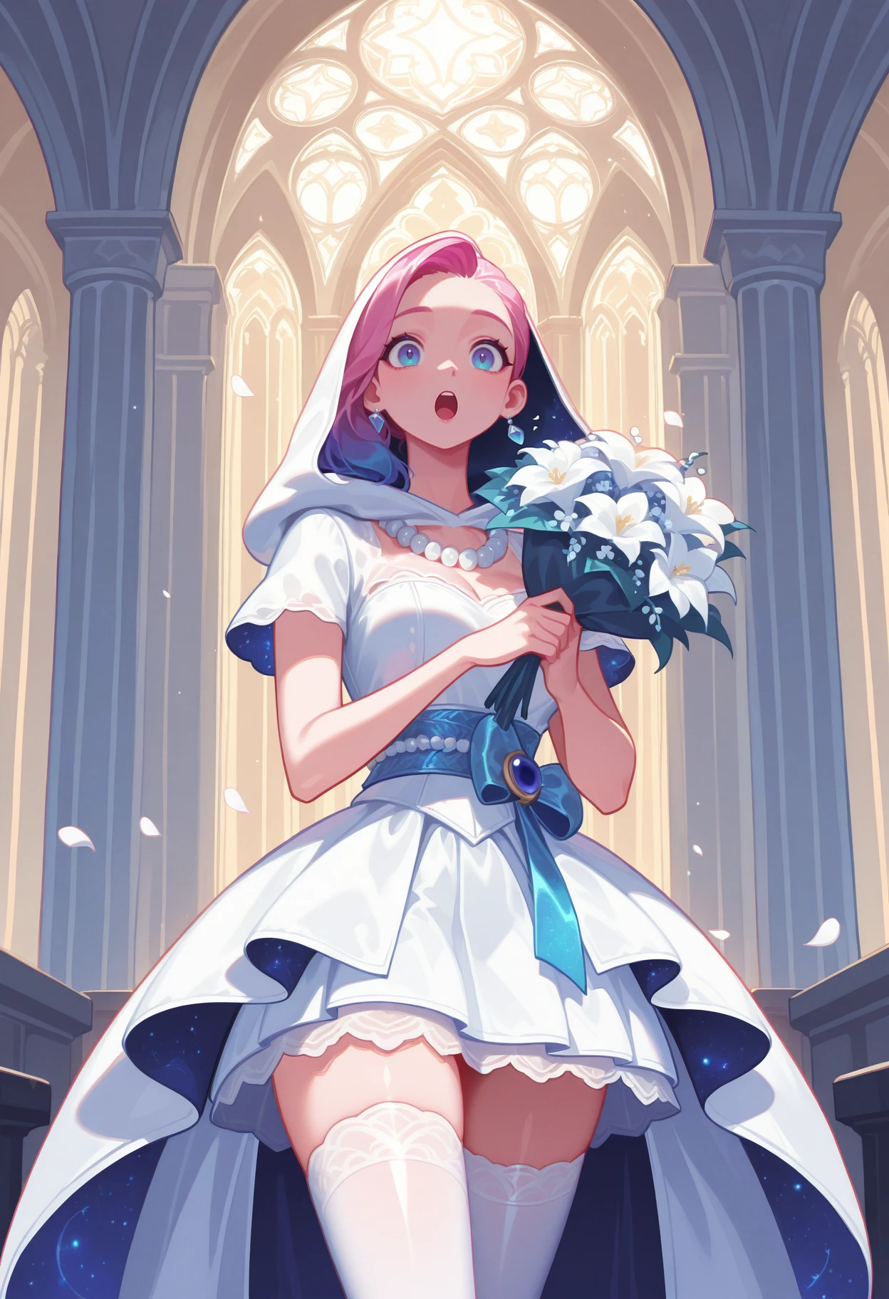 1girl, solo, seraphine \(league of legends\),  excited,  <lora:AHMetGala-ILXL2025-01-06_20-46-30-save-546-42-0:0.8> white clothing, dr3ss, laces sash, hood, short sleeves, skirt, cowboy shot, shiny clothes, form fitting, cathedral, holding bouquet, falling petals, overskirt, lace, zettai ryouiki, pearl necklace, <lora:Style_shiiro-haiz-ai-ILXL:1> haiz_ai, no lineart,no outline, masterpiece, best quality, very aesthetic, newest