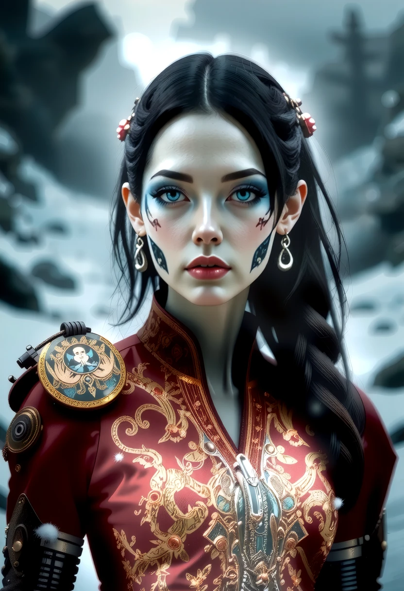 a post-apocalypse portrait of a young beautiful ninjapunk Chinese woman with mechanical_arms and pale skin and long dark hair, blue mystical make up, striking white eyes with , pale blue lips. She wears an ornate, traditional garment in red gold and blue with dragon-like designs on the shoulders. Set against a blurred snowy landscape with dark rocks and trees creating a serene mystical atmosphere. The style focuses on realistic textures, intricate details, and ethereal beauty, evoking a contemplative, mystical mood.   <lora:art and styles/MysticFantasy.safetensors:1.0>,  <lora:flux/flux_realism_lora.safetensors:1.0>,