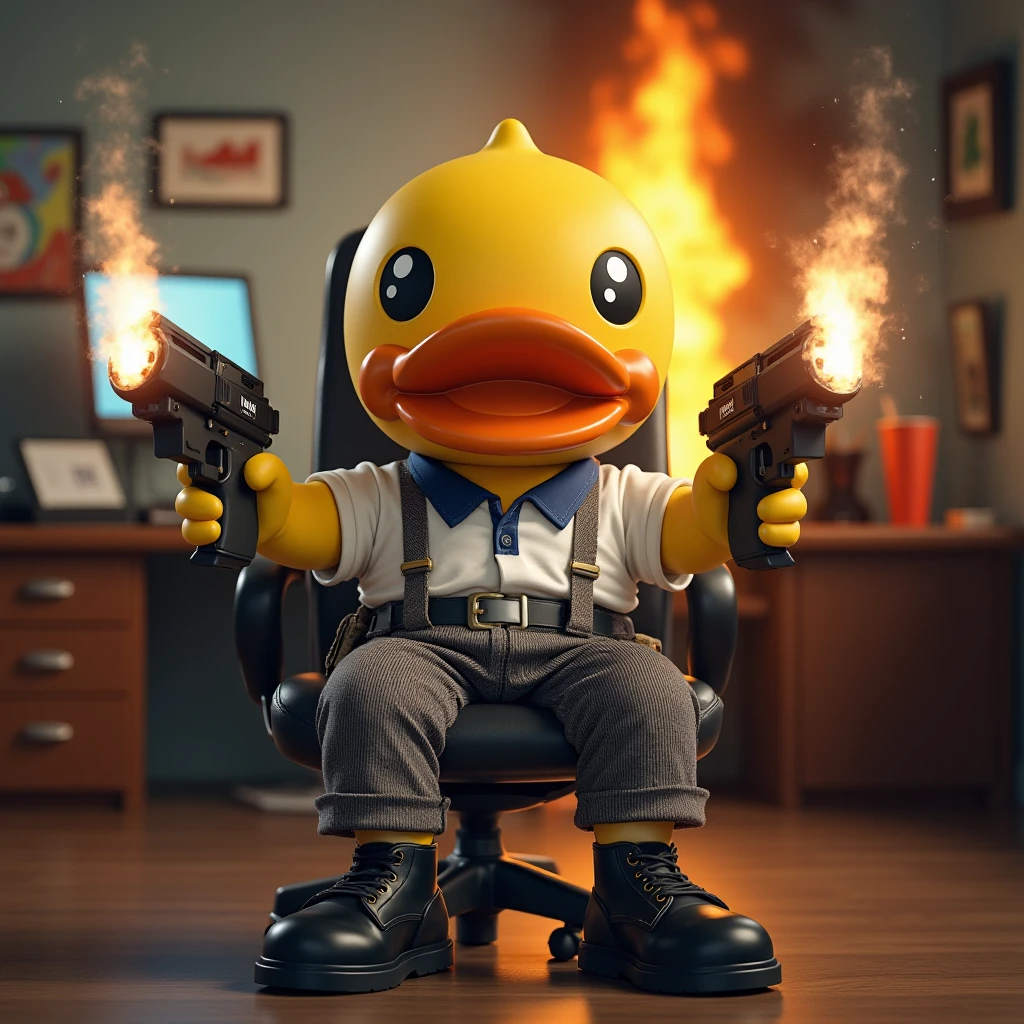 B. The duck lazily sat in the office chair, wearing a rolled up white shirt, a navy blue collar loosely hanging around its neck, gray striped pants, and worn-out black leather shoes. Holding submachine guns in both hands, shooting at the computer screen, the office in the background is on fire