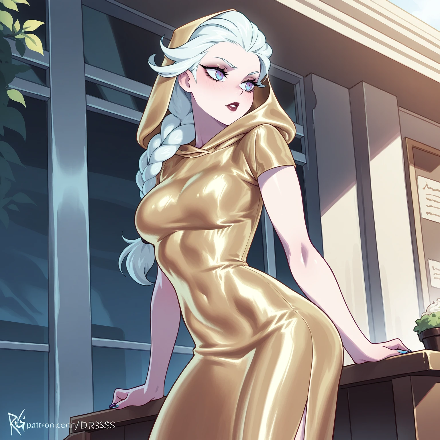 (kajin \(kajinman\):0.7) 1girl, solo, elsa, long braid, <lora:AHMetGala-ILXL2025-01-06_20-46-30-save-546-42-0:0.8> dr3ss, gold dress, hood, short sleeves, cowboy shot, shiny clothes, form fitting, contrapposto, outdoors, cafe masterpiece, best quality, very aesthetic, newest