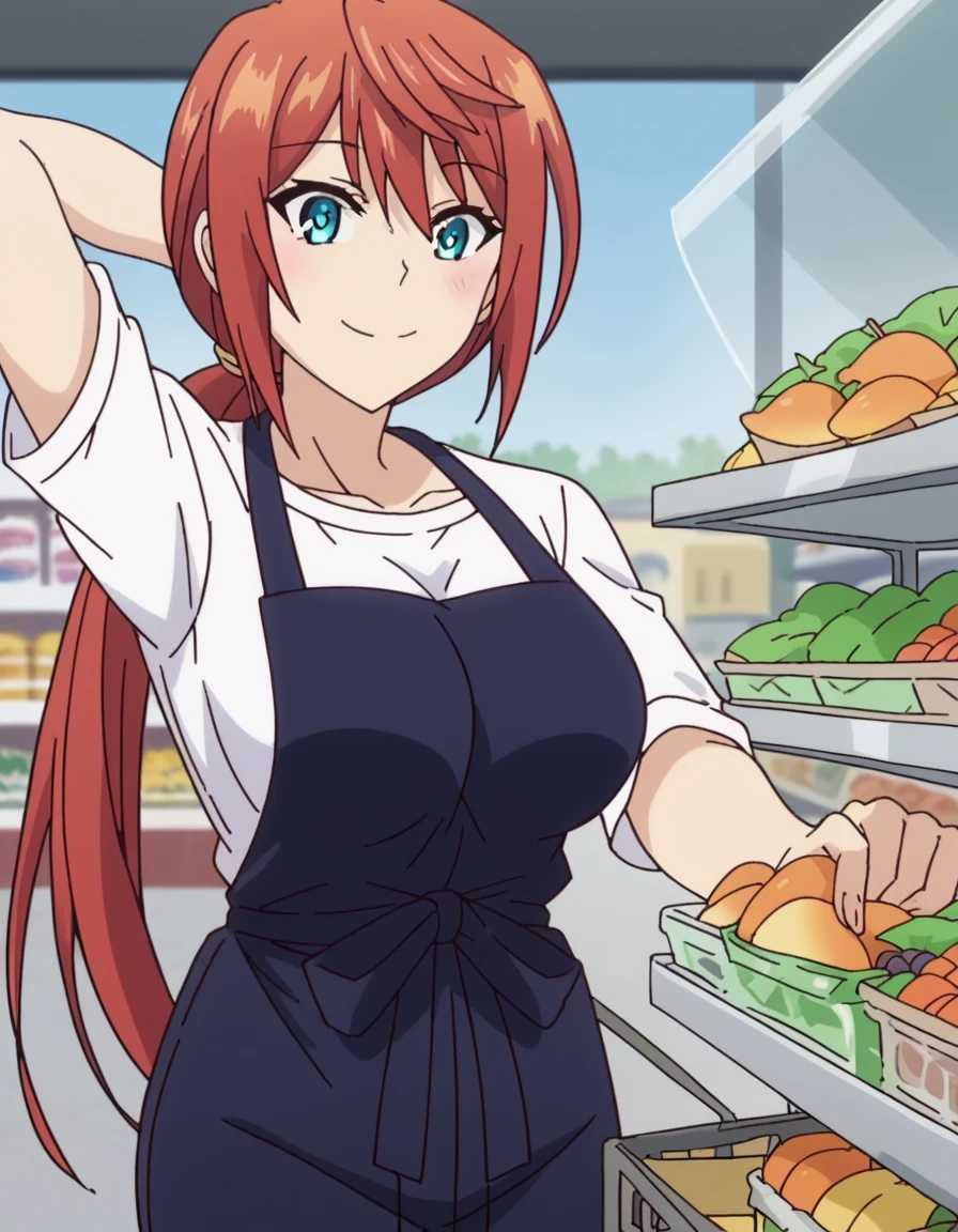 score_9, score_8_up, score_7_up, source_anime, <lora:hiyori-miyazaki-ova-ponyxl-lora-nochekaiser:1>, hiyori miyazaki, long hair, blue eyes, ponytail, low-tied ponytail, red hair, large breasts, mature female, anime screencap, shirt, white shirt, apron, black apron, pants, denim,, grocery store, shopping cart, picking fruits, everyday life, smile, hand behind head, , looking at viewer, solo,, cowboy shot, solo