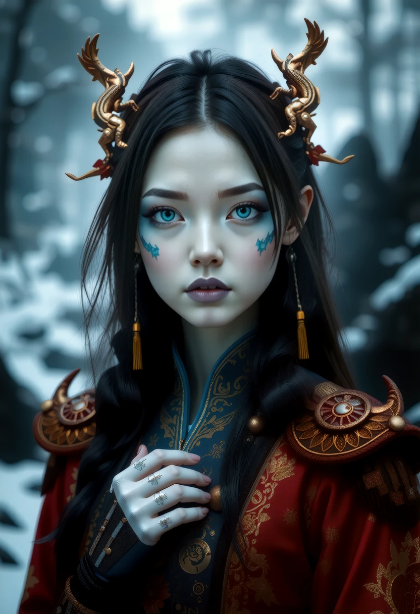 a post-apocalypse portrait of a young beautiful ninjapunk Chinese woman with mechanical_arms and pale skin and long dark hair, blue mystical make up, striking white eyes with , pale blue lips. She wears an ornate, traditional garment in red gold and blue with dragon-like designs on the shoulders. Set against a blurred snowy landscape with dark rocks and trees creating a serene mystical atmosphere. The style focuses on realistic textures, intricate details, and ethereal beauty, evoking a contemplative, mystical mood.   <lora:art and styles/MysticFantasy.safetensors:1.0>,  <lora:flux/flux_realism_lora.safetensors:1.0>,