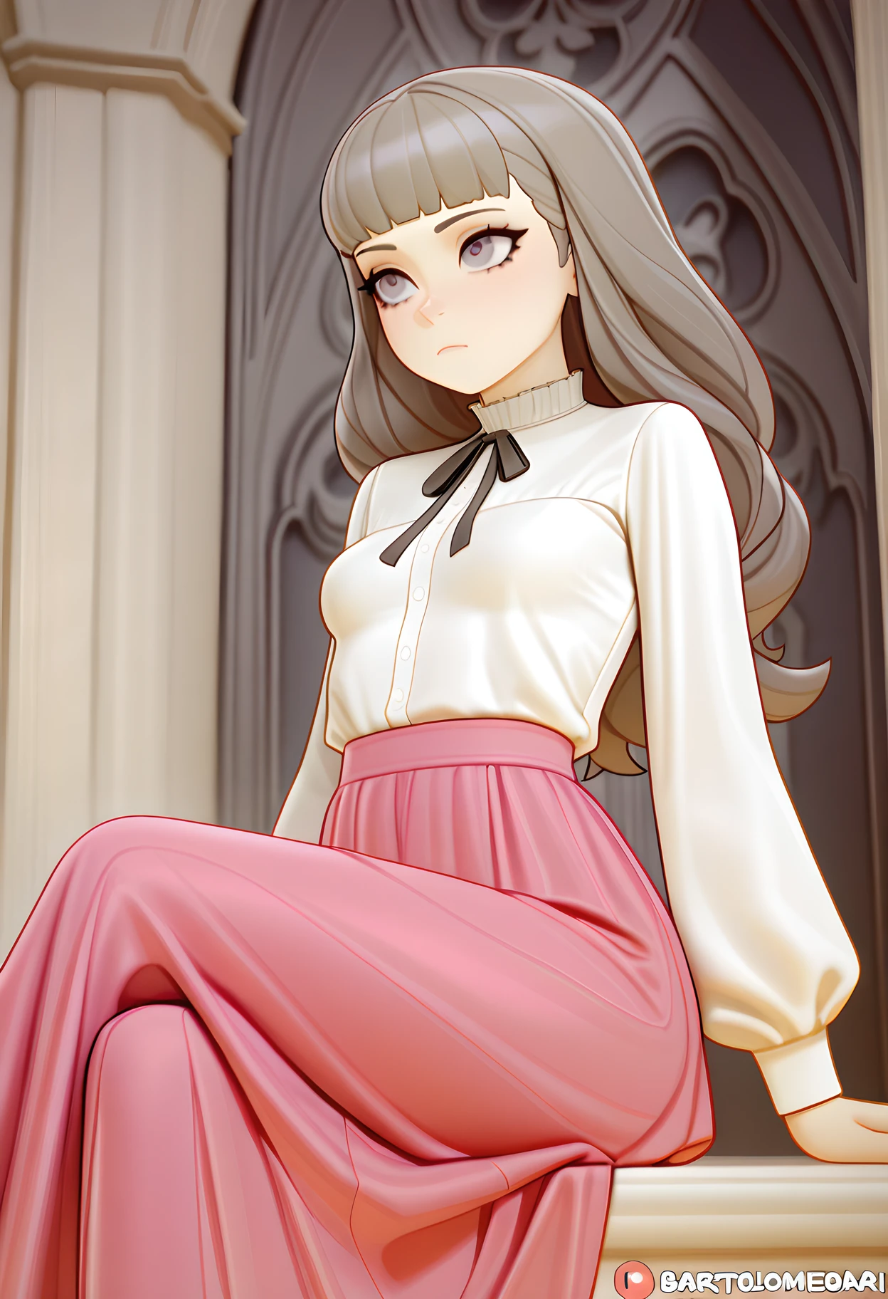 masterpiece, best quality, amazing quality, very aesthetic, absurdres, newest, 1girl, detailed face,
(loodncrood:0.5), bartolomeobari, grey cathedral background, abstract background, distorted background,
<lora:marina_illustr2-000004:1> white shirt, pink skirt, long skirt, grey hair, mar1na_fear, small breasts, long sleeves, long hair, bangs, black ribbon, neck ribbon, blunt bangs,
sitting, crossed legs