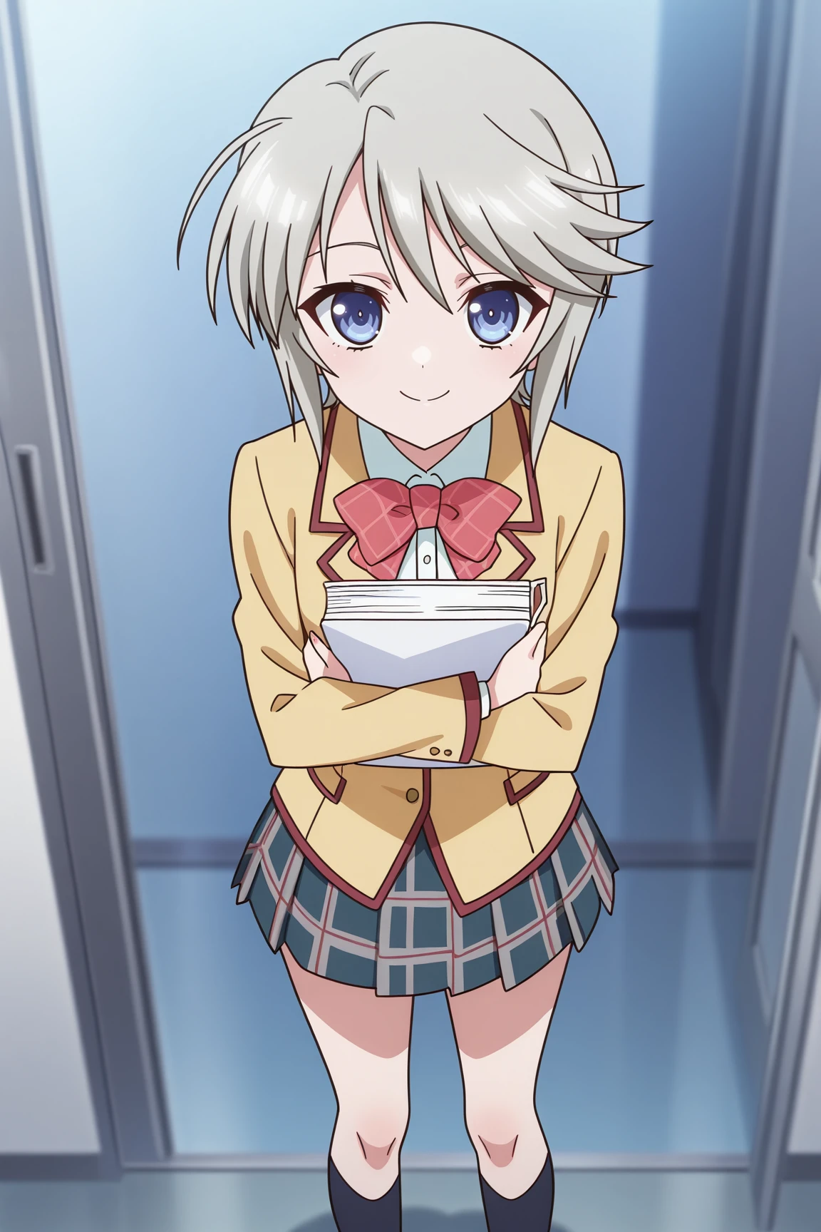 masterpiece, best quality, absurdres, highres, very aesthetic, BREAK, anime coloring, anime screencap, official art,
<lora:ezomori_nozomu_v1-illustrious:1>, 1girl, ezomori nozomu, kanokon, blue eyes, grey hair, short hair,
school uniform, long sleeves, bow, plaid skirt, kneehighs,
BREAK, looking at viewer,
BREAK, object hug, Smiling