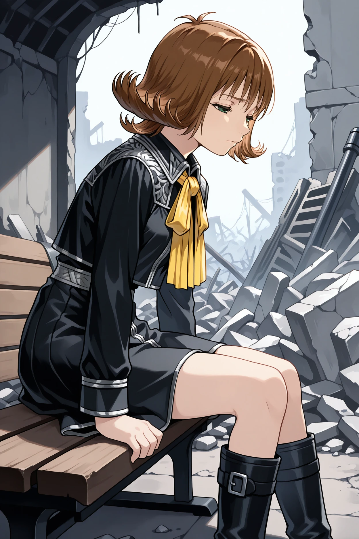 masterpiece, best quality, 1girl, solo,  <lora:ffselphie-illu-nvwls-v1-000006:1> ff8sphe, brown hair, flipped hair, short hair, green eyes, black uniform, black shirt, cropped shirt, yellow neck ribbon, black skirt, black boots, sad, sitting, bench, ruins, rubble, from side, half-closed eyes