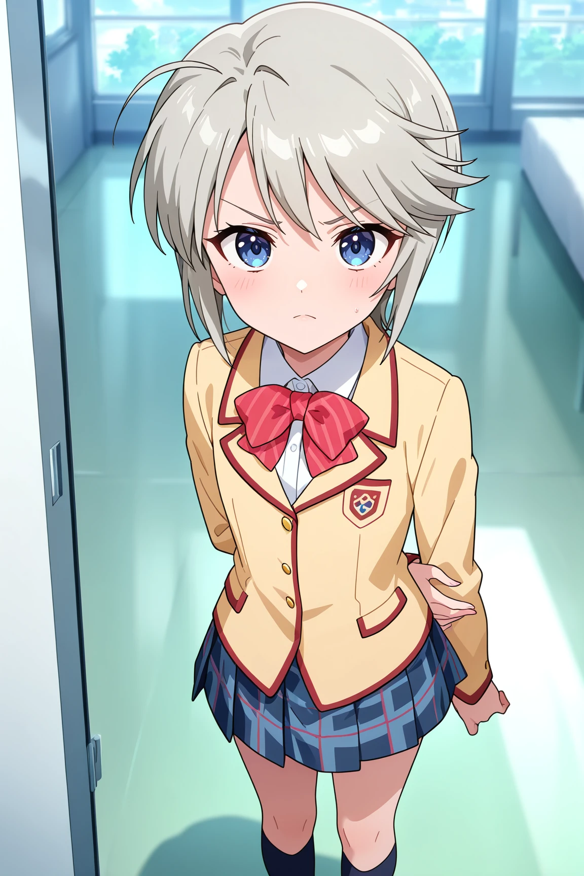 masterpiece, best quality, absurdres, highres, very aesthetic, BREAK, anime coloring, anime screencap, official art, 
<lora:ezomori_nozomu_v1-illustrious:1>, 1girl, ezomori nozomu, kanokon, blue eyes, grey hair, short hair, 
school uniform, long sleeves, bow, plaid skirt, kneehighs,
BREAK, looking at viewer, 
BREAK,   open hand, angry