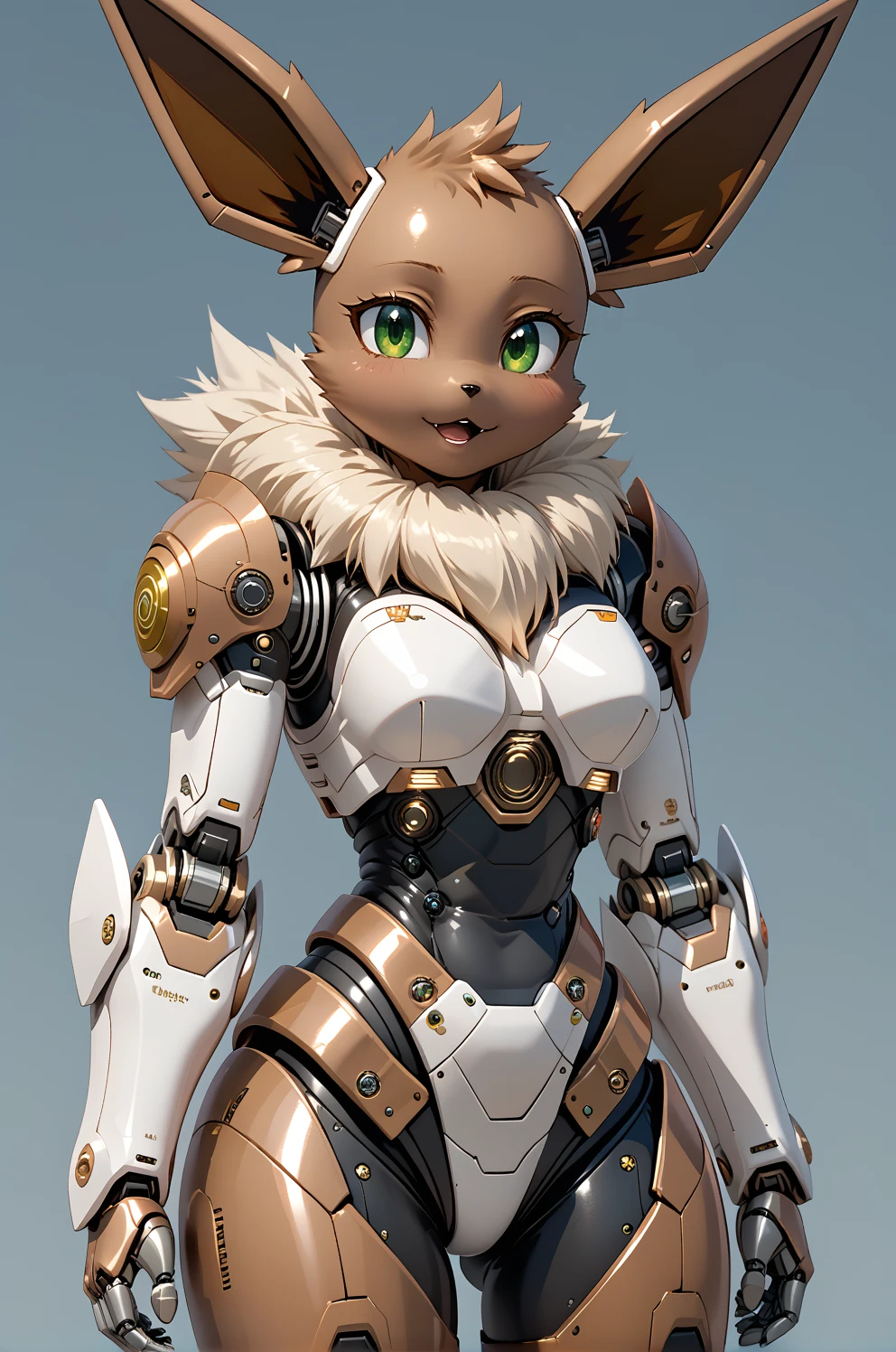 ,Robot,Android,Mechanation,Robot Joints,Detached Joints,Armor,Metal Skin,Eevee_(pokemon), Brown fur, green eyes, neck tuft, pointy ears, anthro_pokemon, solo, robot_girl ,