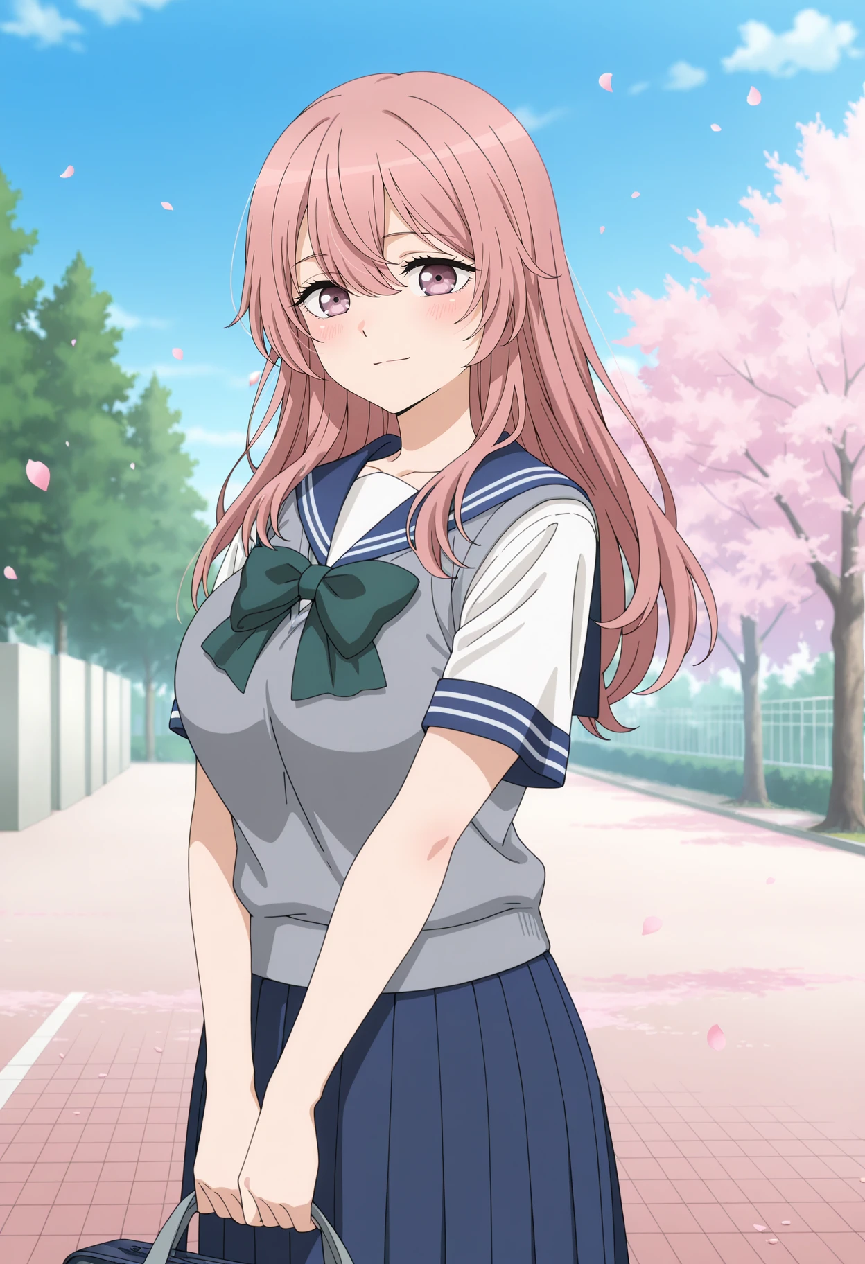 anime screencap, masterpiece, best quality,
<lora:SonoBisqueDoll_InuiShinju_IlluXL:0.9>,
1girl, solo, closed mouth, light smile, blush,
long hair, hair between eyes, pink hair, multicolored eyes,
ShinjuSchool, serafuku, blue sailor collar, white shirt, green bow, large breasts, short sleeves, sweater vest, grey vest, pleated skirt, long skirt, blue skirt,
holding bag, school bag, v arms,
standing, looking at viewer, cowboy shot,
outdoors, school, tree, blue sky, petals