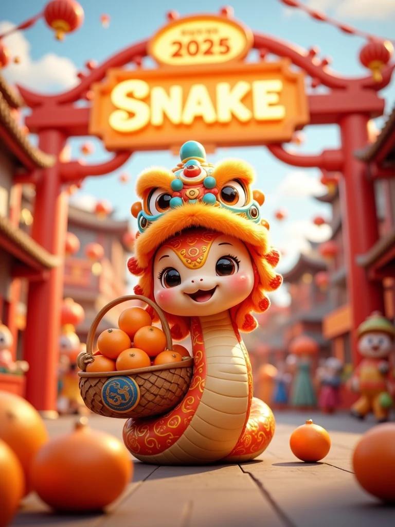 <lora:Cute Snake MTL_f1:0.8>  A cute snake balancing a basket of mandarin oranges while proudly wearing a colorful lion dance headpiece. The setting is a festive village square with cheering crowds, and a glowing 3D sign overhead reads: "Snake Fortune Festival 2025."