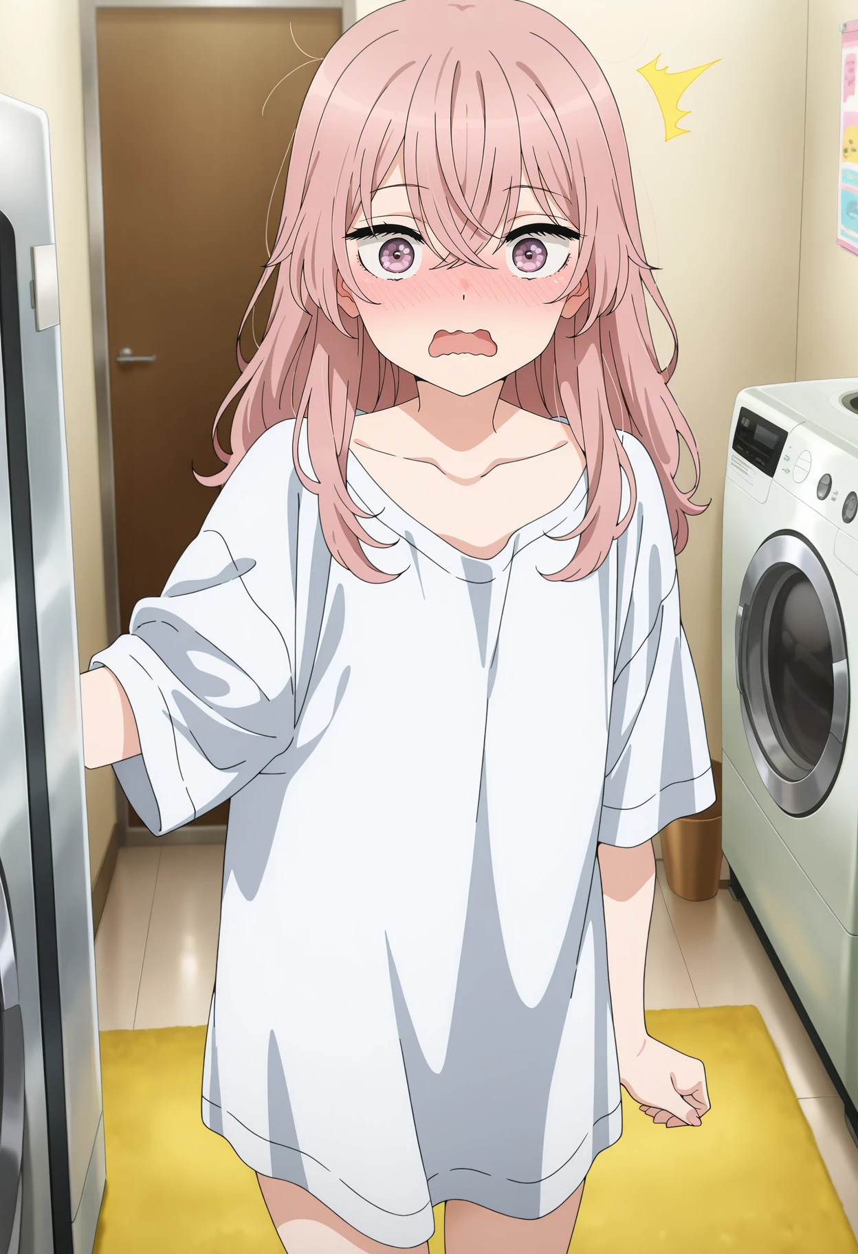 anime screencap, masterpiece, best quality,
<lora:SonoBisqueDoll_InuiSajuna_IlluXL:0.9>,
1girl, solo, surprised, open mouth, wavy mouth, nose blush, embarassed,
long hair, crossed bangs, pink hair, multicolored eyes,
SajunaShirt, white shirt, collarbone, oversized shirt, short sleeves,
standing, looking at viewer, cowboy shot,
indoors, bathroom, washing machine, carpet