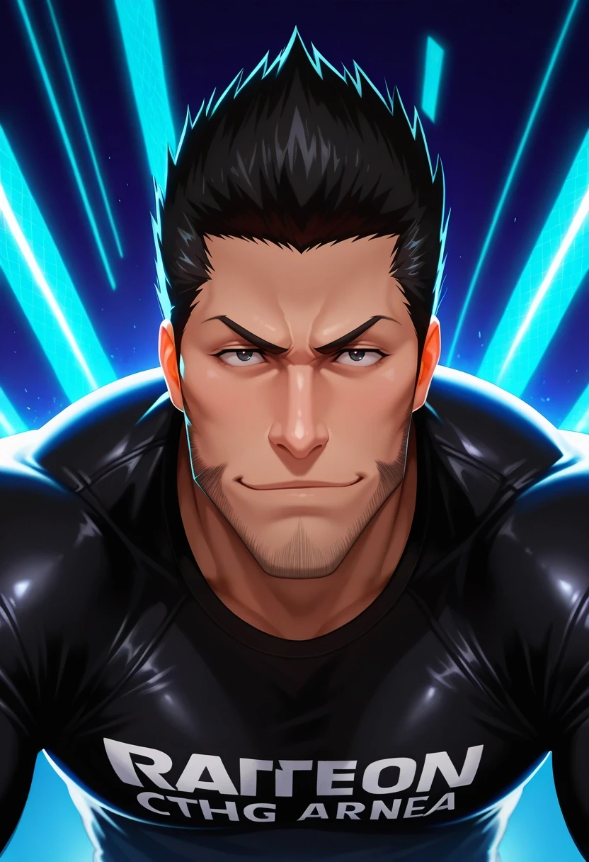 masterpiece, best quality, , semi-realistic, , 1boy, solo, male focus, <lora:isshin_kurosaki_ilxl:0.98>, isshin_kurosaki, black hair, black eyes, short hair, spiked hair, facial hair, stubble, beard, high-tech arena, glowing grids, digital barriers, racing cycles, action pose, confident expression, electric ambiance,