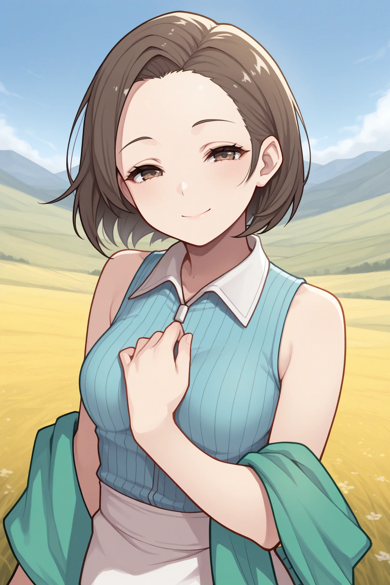 masterpiece, best quality, 1girl, solo, <lora:ffellone-illu-nvwls-v1-000007:1> ffell, brown hair, short hair, forehead, brown eyes, light blue shirt, ribbed shirt, sleeveless shirt, green shawl, white skirt, blue sky, field, hills, upper body, looking at viewer, half-closed eyes, smile, hand on own chest