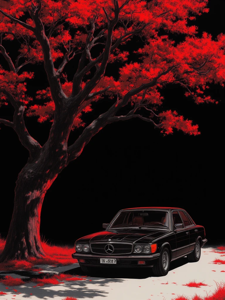 A small car under a tree, with a black and red theme, against a black and red background.,chimeng