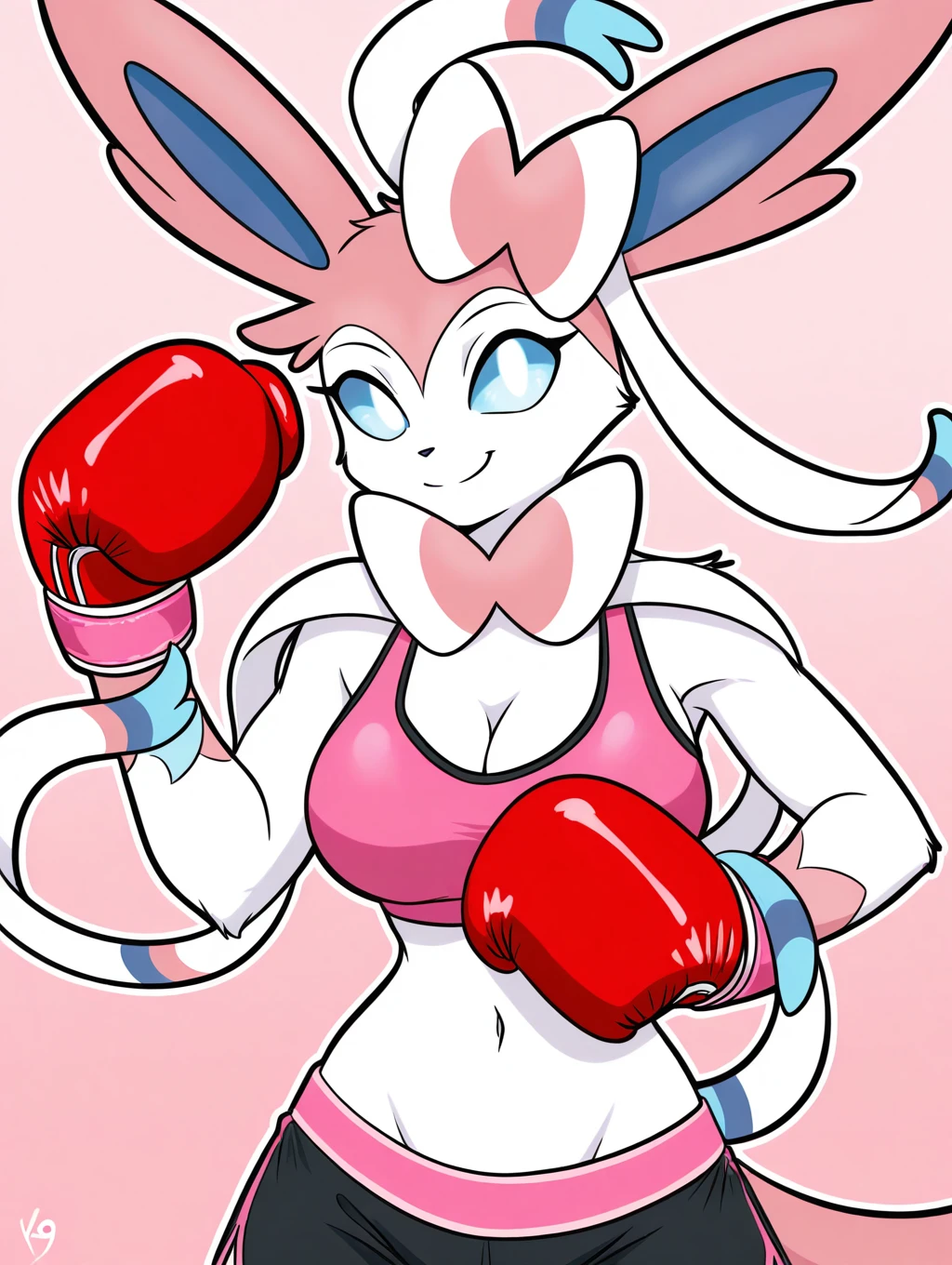 furry female (sylveon:1.5), (breasts:1), slim, skinny, small waist, fur, smile, wearing pink sports bra, black shorts, boxing gloves, standing, upper body, looking at viewer, simple background,2d,k9tales style,digital art,watermark,simple details