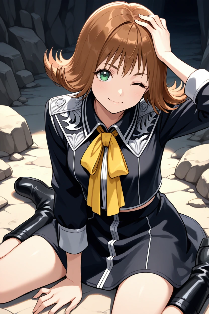 masterpiece, best quality, 1girl, solo,  <lora:ffselphie-illu-nvwls-v1-000006:1> ff8sphe, brown hair, flipped hair, short hair, green eyes, black uniform, black shirt, cropped shirt, yellow neck ribbon, black skirt, black boots, cliff, rocks, wariza, looking at viewer, wince, smile, hand on own head