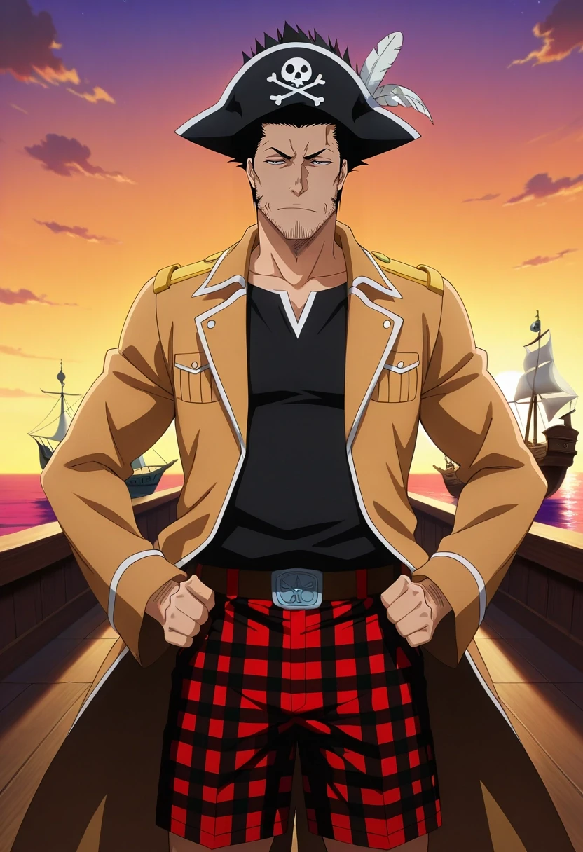 masterpiece, best quality, intricate details, anime screencap, , official style, , 1boy, solo, male focus, <lora:isshin_kurosaki_ilxl:0.94>, isshin_kurosaki, black hair, black eyes, short hair, spiked hair, facial hair, stubble, beard, symmetry, pirate ship, dawn, hand on hip, squinting, Gingham Running shorts, Corduroy jacket, , Feathers headdress, and