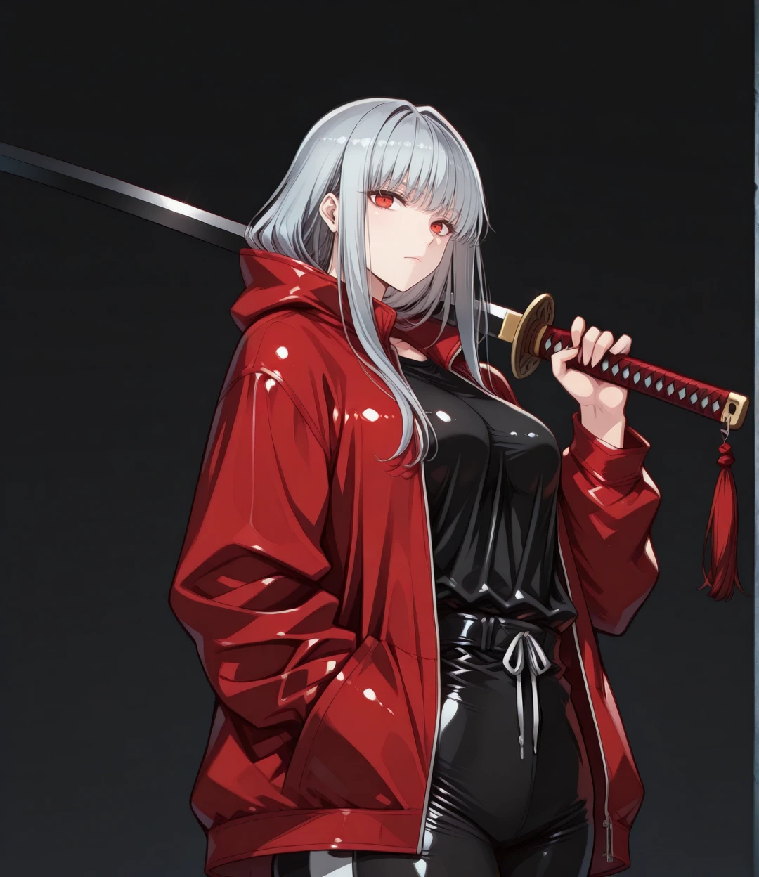(masterpiece, best quality:1.2), amazing quality, very aesthetic, 32k, absurdres, extremely beautiful, newest, scenery, extra details, (sharp detailed:1.2), sharp focus, absurdres, official art, detailed anatomy, correct anatomy, (nakamura_regura:0.4), character focus,
ihwa, grey hair, silver hairl, long hair, bangs, red eyes, athletic body, medium breasts, black t-shirt, black pants, jacket, red jacket, open jacket, hood, track pants, katana over shoulder, black blade, hand in pocket, look at viewer,
detailed, (shiny skin), soft shaded, depth of field, black background, (chromatic aberration), <lora:PHM_style_IL:1.0> <lora:IL_ihwa:1.0> <lora:dkdravenV7_r1:1.0>