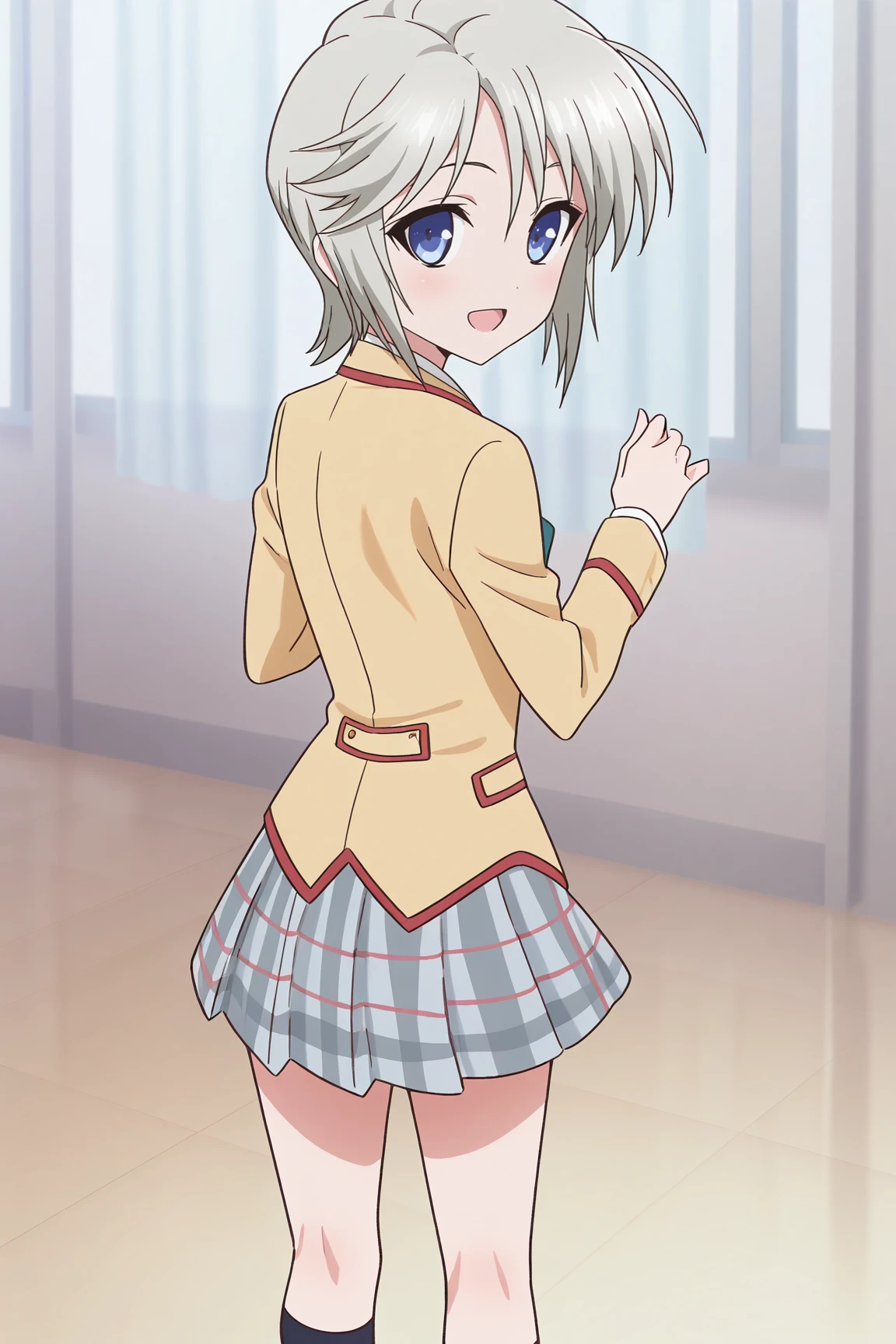 masterpiece, best quality, absurdres, highres, very aesthetic, BREAK, anime coloring, anime screencap, official art,
<lora:ezomori_nozomu_v1-illustrious:1>, 1girl, ezomori nozomu, kanokon, blue eyes, grey hair, short hair,
school uniform, long sleeves, bow, plaid skirt, kneehighs,
BREAK, looking at viewer,
BREAK, Looking back, Excited