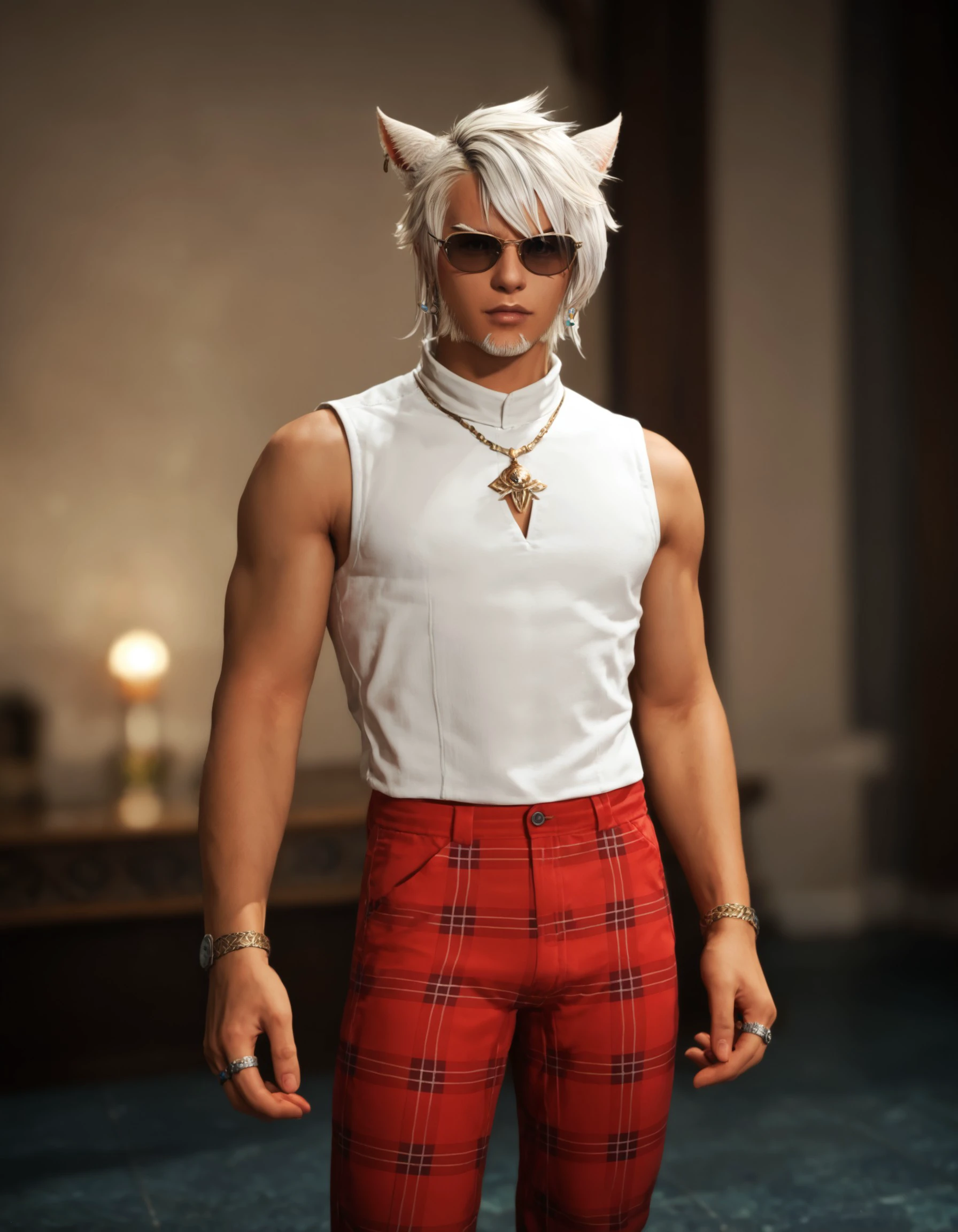 score_9, score_8_up, score_7_up, score_6_up, score_5_up, 3KK4T14, animal ears, 1boy, miqo'te, ring, white hair, cat ears, male focus, jewelry, pants, red pants, solo, sunglasses, sleeveless, earrings, facial hair, plaid, cat boy, <lora:05b4ee60-e7e4-4acf-8aa7-d7a6dc9f4242:0.7>