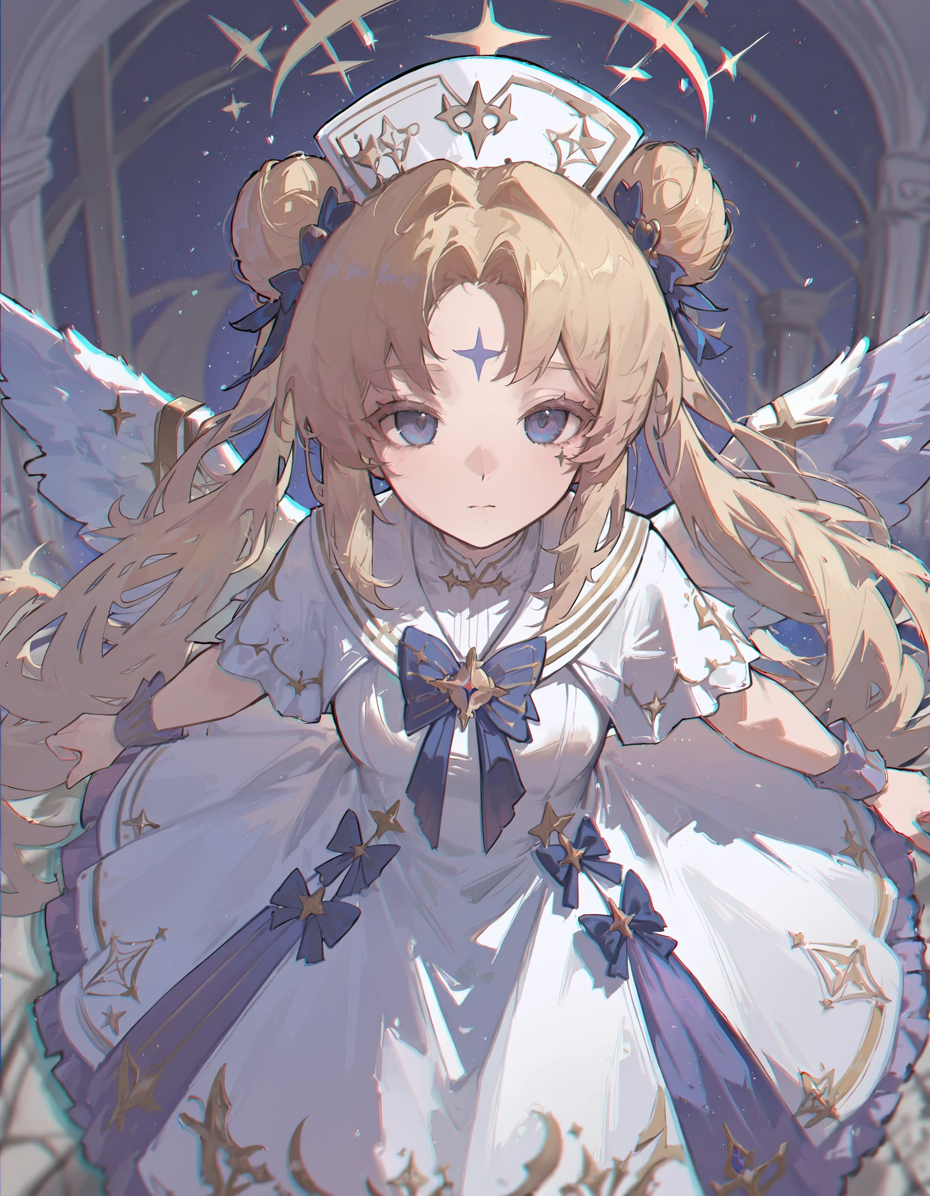 masterpiece, best quality, very aesthetic,newest, very awa,Y4ungpeng_illu, hat,1girl, crescent facial mark, facial mark, crescent, solo, blonde hair, blue eyes, double bun, long hair, dress, wings, hair bun, white dress, twintails, forehead mark, <lora:Y4ungpeng_style:1>,blurry ,chromatic aberration, blurry edges, depth of field,