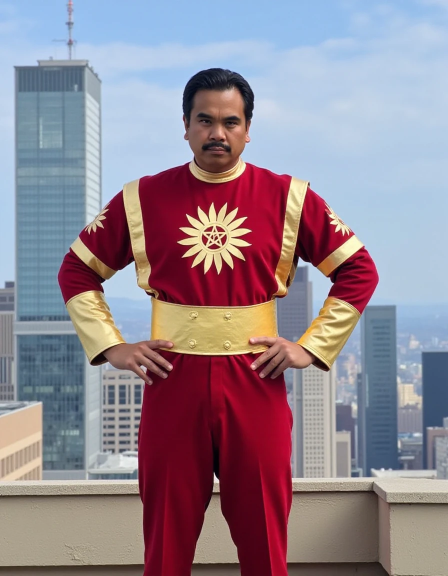 <lora:c8f046bd1da44b88b8421bde1b8acb1f_lora:1> Darkn3ss sindianherocosplay, woman posing, hands on hips, on top of a building <lora:shaktimaan-costume-flux:0.75> indianherocosplay