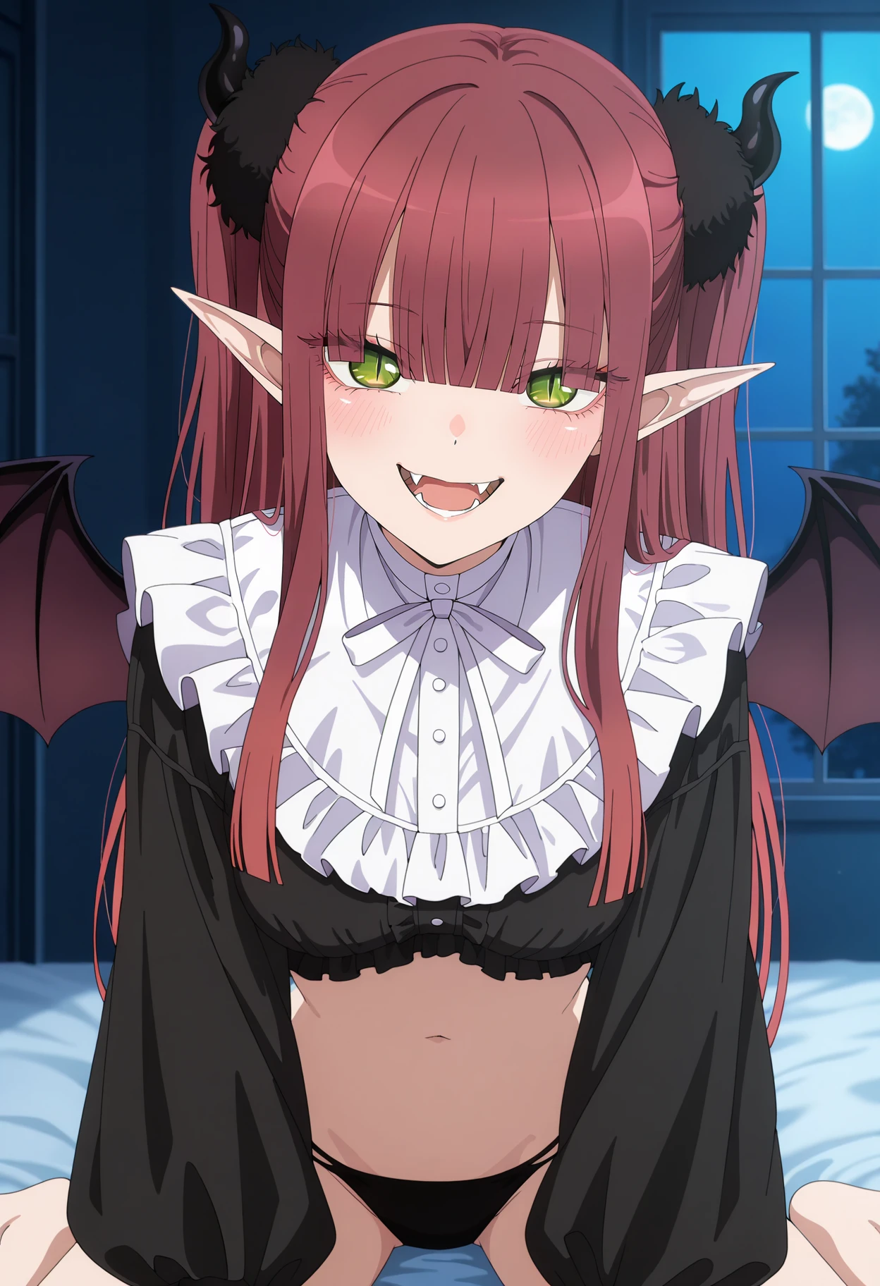 anime screencap, masterpiece, best quality,
<lora:SonoBisqueDoll_KitagawaMarin_IlluXL:0.9>,
1girl, solo, open mouth, smile, fangs, blush,
long hair, blunt bangs, two side up, red hair, green eyes, slit pupils, black nails, black horns, pointy ears, demon wings,
MarinRyzu, black shirt, frilled shirt collar, white collar, neck ribbon, white ribbon, medium breasts, puffy long sleeves, black panties, frills, navel,
wariza, looking at viewer,
indoors, on bed, night, dark