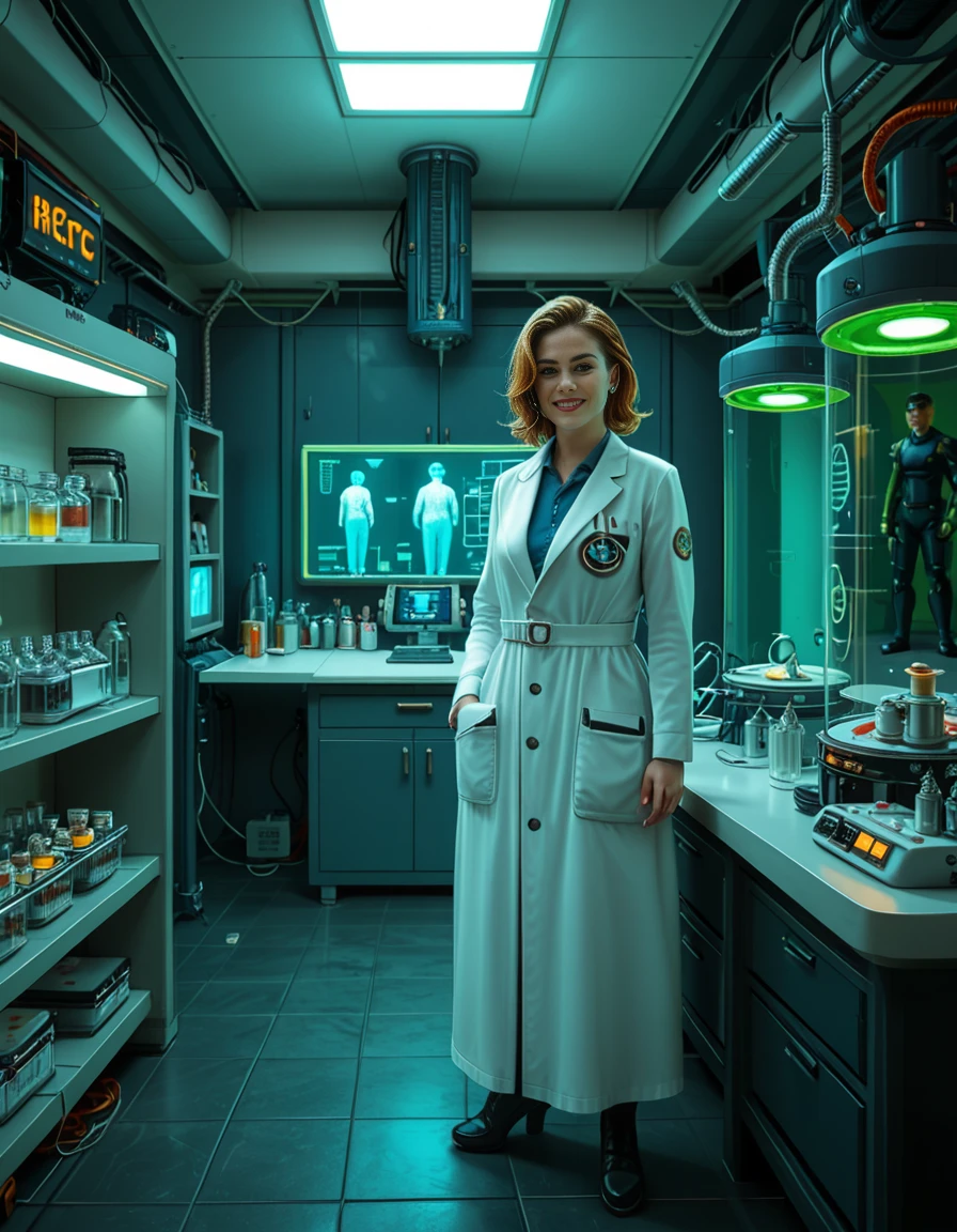 "A hyperrealistic scene of Gordon Freeman in his HEV suit eating lasagna at a retro 90s kitchen table, surrounded by domesticated headcrabs acting like pets, a Vortigaunt washing dishes in an apron, cinematic lighting, absurdity meets realism, surreal textures, intricate kitchen details, nostalgic yet eerie ambiance." looking at viewer,A (woman scientist:1.3),short brown hair, standing confidently in front of a futuristic laboratory,futuristic l4b0r4t0ry, filled with advanced technology and glowing screens. She is wearing a sleek, high-tech lab coat with metallic accents Her posture is upright,gesturing towards a large containment chamber with the other. Inside the chamber, faint outlines of humanoid figures are visible, suggesting the development of super soldiers. The laboratory is illuminated by soft neon lights in shades of blue and green, with detailed machinery, robotic arms, and vials of glowing substances scattered across workstations. The atmosphere is futuristic, clean, and high-tech, with a sense of intense innovation and ambition.<lora:SDXLFaeTastic2400:0.4> <lora:extremely_detailed:0.4> extremely detailed <lora:futuristic_l4b0r4t0ry:1>, Masterpiece,best quality,hi res,8k,hi res,8k,award winning,(sharp focus, intricate, highly detailed),
