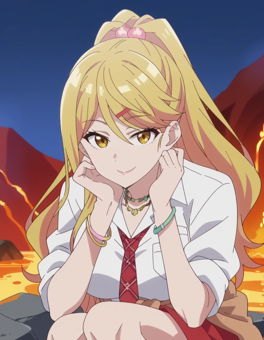 score_9, score_8_up, score_7_up, source_anime, <lora:himari-ishikura-alpha-ponyxl-lora-nochekaiser:1>, himari ishikura, long hair, bangs, blonde hair, large breasts, hair ornament, yellow eyes, ponytail, hairclip, high ponytail, large breasts, anime screencap, skirt, shirt, jewelry, school uniform, white shirt, necktie, collared shirt, necklace, bracelet, red skirt, red necktie, clothes around waist, gyaru, volcano, lava, rock, fire, smoke, smile, head rest, looking at viewer, solo,, cowboy shot, solo