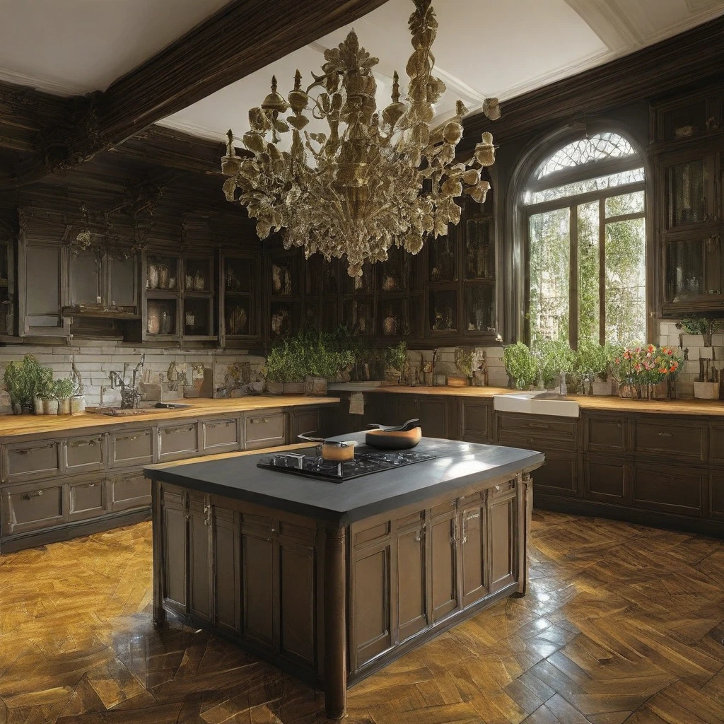 sunlight, door, chandelier, wooden floor, frying pan, sink, scenery, flower, tiles