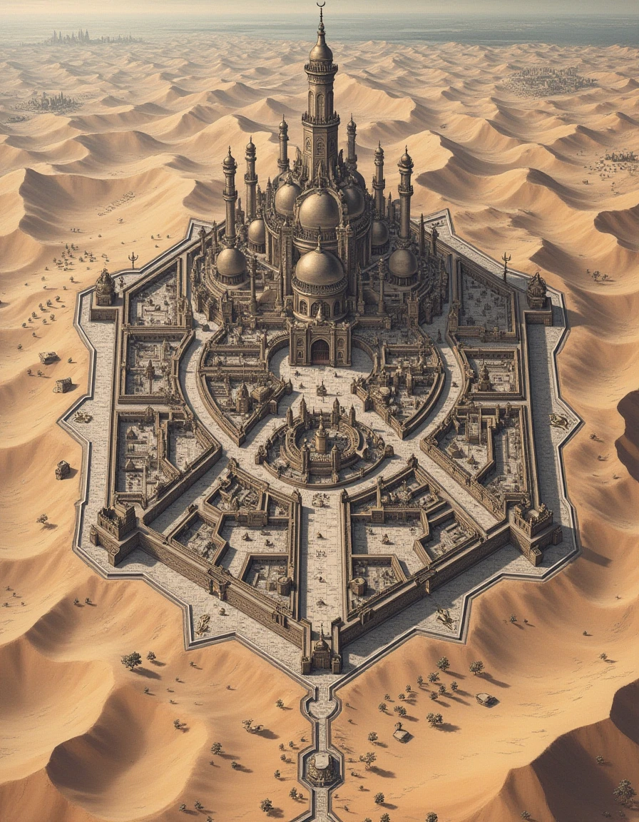a dictymp map, a vintage cityscape engraving map, Arabian Nights Dream City, A bird's-eye view map of a mythical city from Arabian folklore, surrounded by endless golden dunes. The city is filled with domed palaces and minarets topped with crescent moons, their surfaces glinting in the sunlight. Intricate marketplaces overflow with treasures, while magic carpets and glowing lanterns float through the air. The distant horizon shimmers with mirages of otherworldly oases., <lora:city-maps_v12-000040:1>