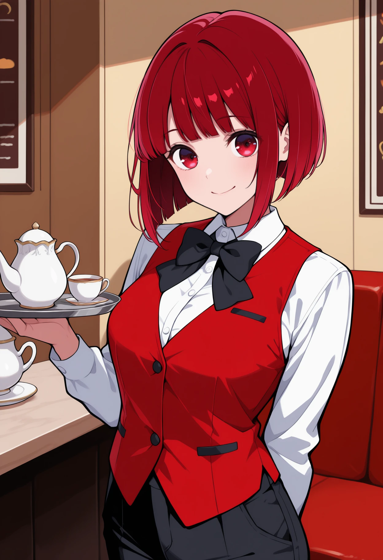 masterpiece, best quality, solo, 1girl, k4narnd, smile, looking at viewer, standing, hand up, holding tray, teacup, teapot, arm behind back, medium hair, red hair, bob cut, inverted bob, red eyes, red vest, white shirt, collared shirt, black bowtie, long sleeves, black pants, indoors, restaurant
<segment:yolo-Anzhc Face seg 640 v2 y8n.pt,0.4,0.5//cid=1>