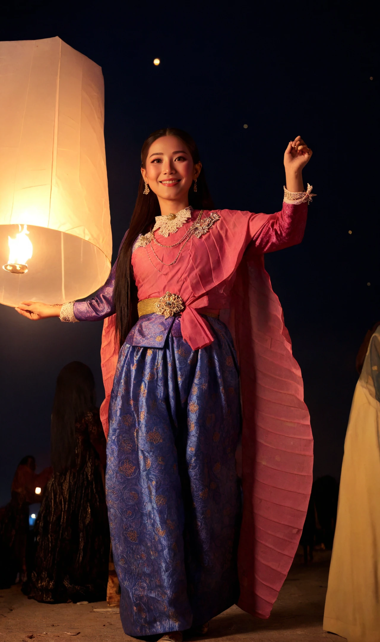 masterpiece, realistic, 
1girl, thai girl, solo, very long hair,  <lora:SDXL_BTT_CHONGKABEN SABAI_v01C:0.8> thai clothes, smile, full body,
outdoors, too many yipeng on sky, night, dark night, (yipeng:1.4), flying yipeng in the sky at night time, 
<lora:LCMTurboMix_Euler_A_fix:1> <lora:SDXL_BTT_YIPENG_V01:1.0>