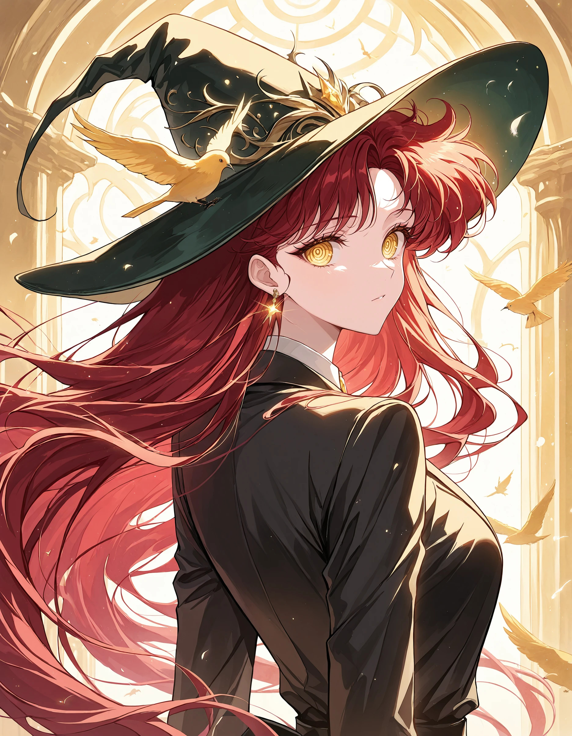 masterpiece, best quality, very aesthetic,newest, very awa,  <lora:S4ilor_style_illu_2:1>,S4ilor_style_illu, ethereal lighting, dreamy atmosphere, whimsical, enchanted, hat, 1girl, red hair, solo, yellow eyes, long hair, ringed eyes, looking back, bangs, simple background, bird, formal