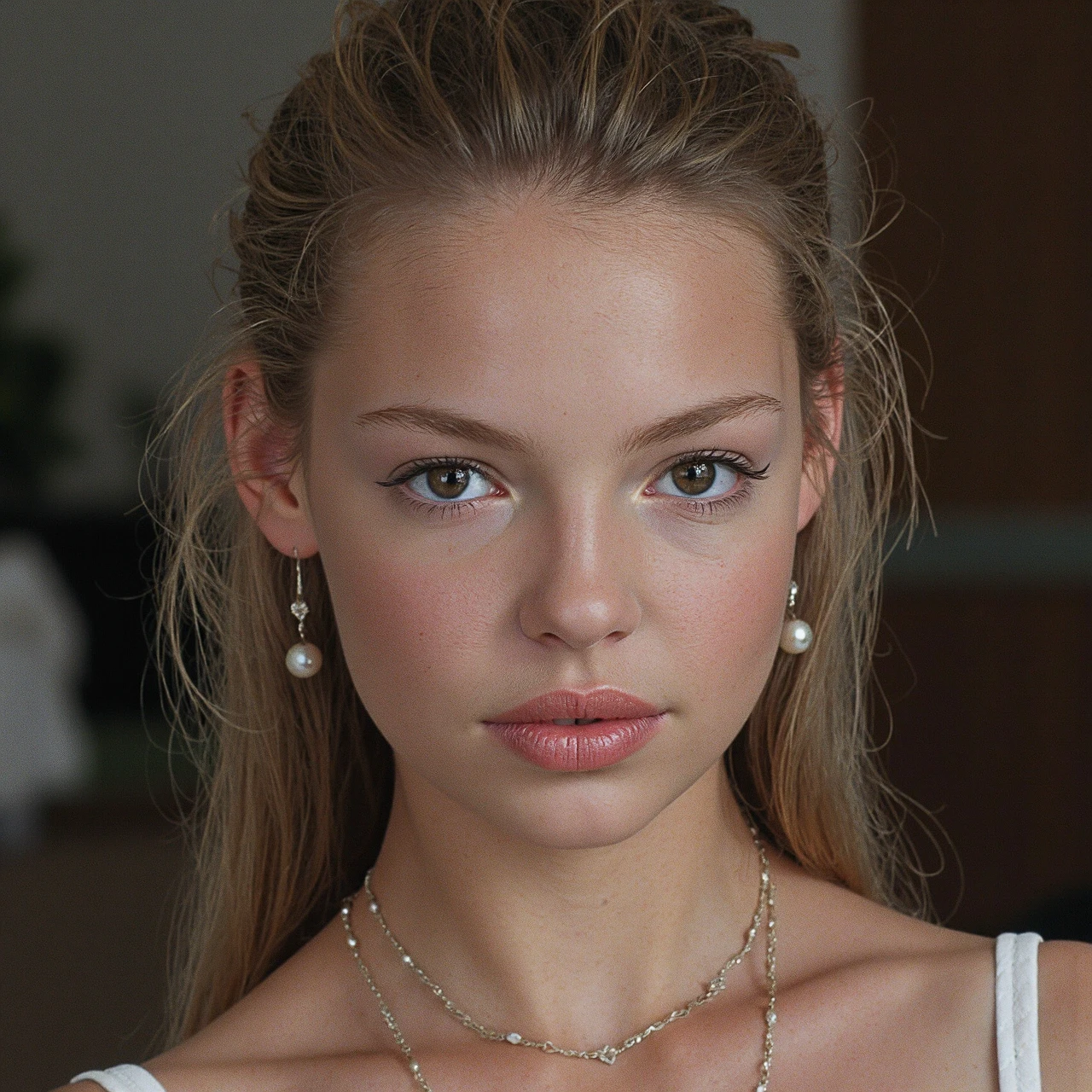 model Sofia Jamora, in black bra, turning sideways, light blonde hair tied back, wearing pearl necklace, nose stud jewelry, wearing hoop earrings, trimmed pubic hair (high detailed skin:1.2), 8k uhd, dslr, high quality, film grain, Fujifilm XT38k, {{1girl}}