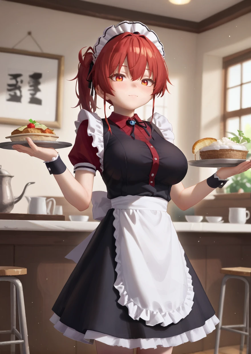 best quality,peachyp,1girl, female focus, maid, maid headdress,, large breasts, black vest, red shirt,, closeup,sfw,
 <lora:PeachyP_PonyXL_Style:0.8>