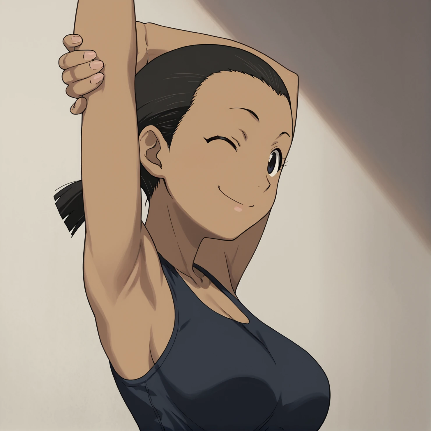 score_9, score_8_up, score_7_up, 1girl, solo, source_anime, aninyaFMA, dark-skinned female, tank top, black hair, black eyes, ponytail, <lora:PaninyaFMA:0.8> upper body, stretching, arm above head, hooding own arm,  looking at viewer, smiling, big breast, winks, female focus, from side, one eye closed, close up, profile picture,