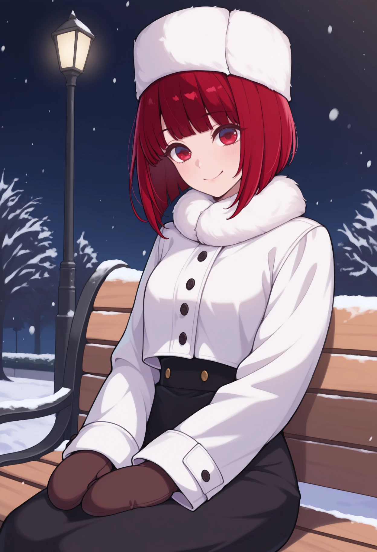 masterpiece, best quality, solo, 1girl, k4narnd, smile, looking at viewer, sitting, park bench, hands on own thighs, medium hair, red hair, bob cut, inverted bob, white headwear, fur hat, red eyes, winter clothes, fur collar, white coat, fur coat, buttons, long sleeves, brown mittens, long skirt, black skirt, outdoors, night, lamppost, tree, snowing
<segment:yolo-Anzhc Face seg 640 v2 y8n.pt,0.4,0.5//cid=1>