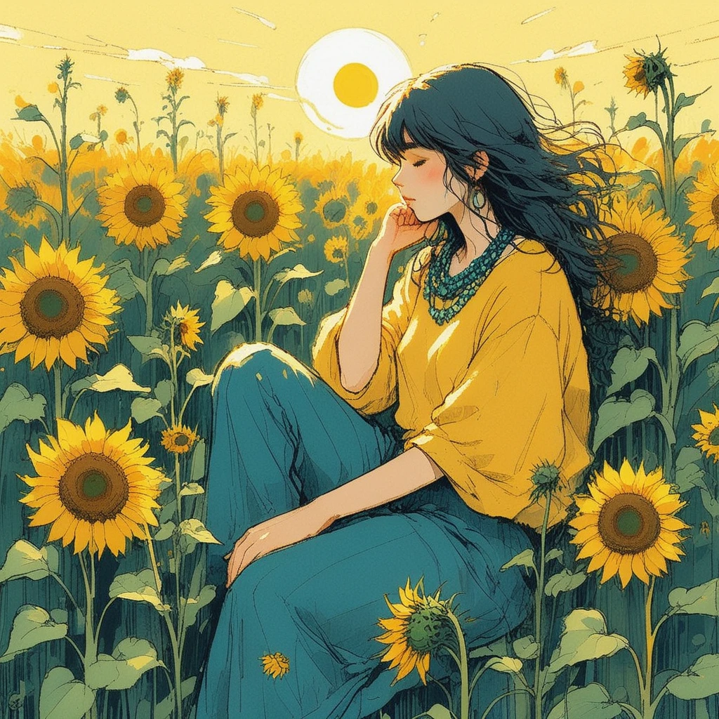 Special Ink-drawing mode, intricate linework with expressive contrasts, soft and translucent washes of color blending harmoniously, vibrant and muted tones, era 2020s fantasy, tribal and mystical fashion, solo, bold and ethereal style, Rating SFW.
A serene and enigmatic young woman sits amidst a sunflower field bathed in golden light. Her flowing hair catches a gentle breeze, creating dynamic movement that frames her peaceful, introspective expression. She wears a loose yellow sweater with sleeves rolled up, symbolizing comfort and strength, paired with relaxed blue trousers. A turquoise necklace around her neck adds a mystical touch to her earthy attire, reflecting the sunflowers that surround her.
The background is softly textured with warm yellows, greens, and muted blues, blending seamlessly into the environment. Fine ink outlines highlight her detailed features and clothing folds, while the soft watercolor washes create a harmonious balance between the vibrant sunflowers and her tranquil demeanor.
The scene conveys a sense of quiet introspection, natural beauty, and the ethereal bond between the woman and the field of sunflowers around her.