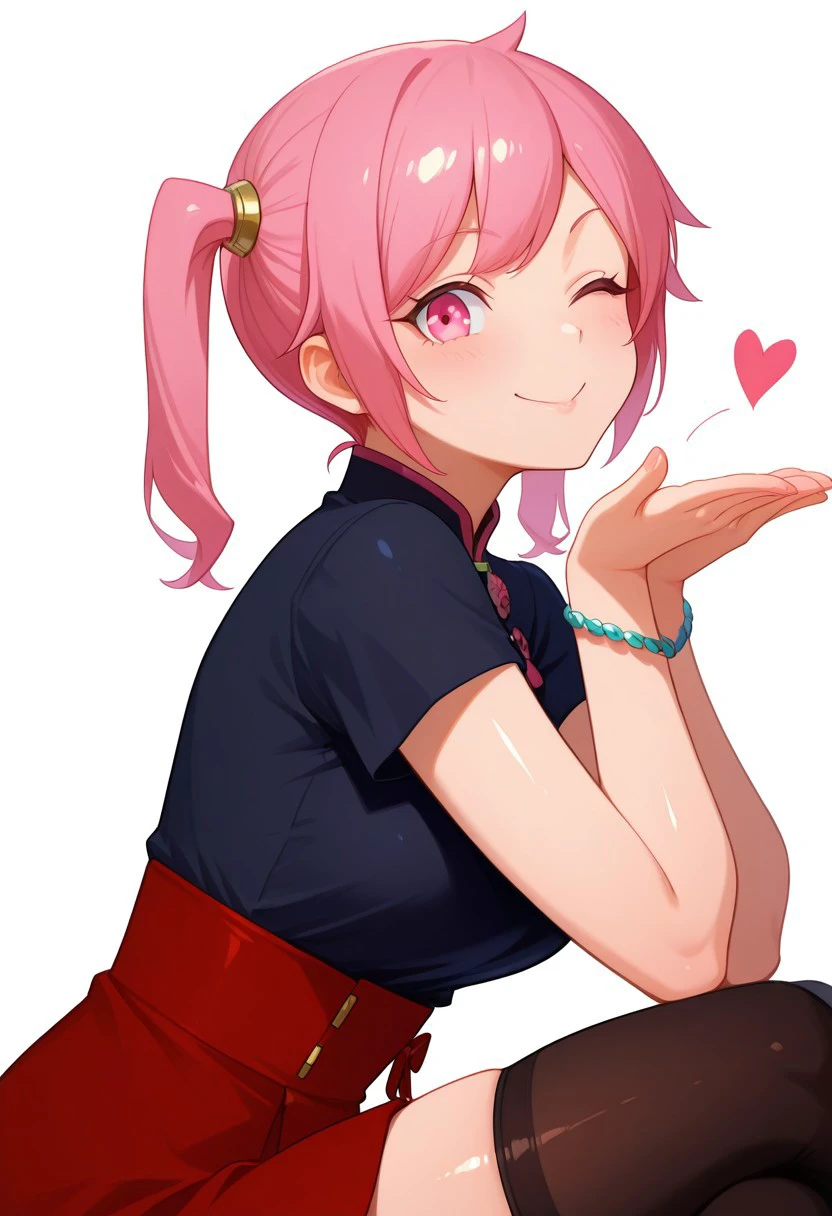 masterpiece, best quality, 1girl, solo, beautiful eyes, akiho_rindou, pink hair, twintails, pink eyes, black shirt, bracelet, high-waist skirt, red skirt, black thighhighs, <lora:SerenaPokemonIXL_v2:1.0>, , upper body, side view, smile, looking at viewer, shiny skin, blowing kiss, wink, cheesy smile, freebos_smoothiestyle