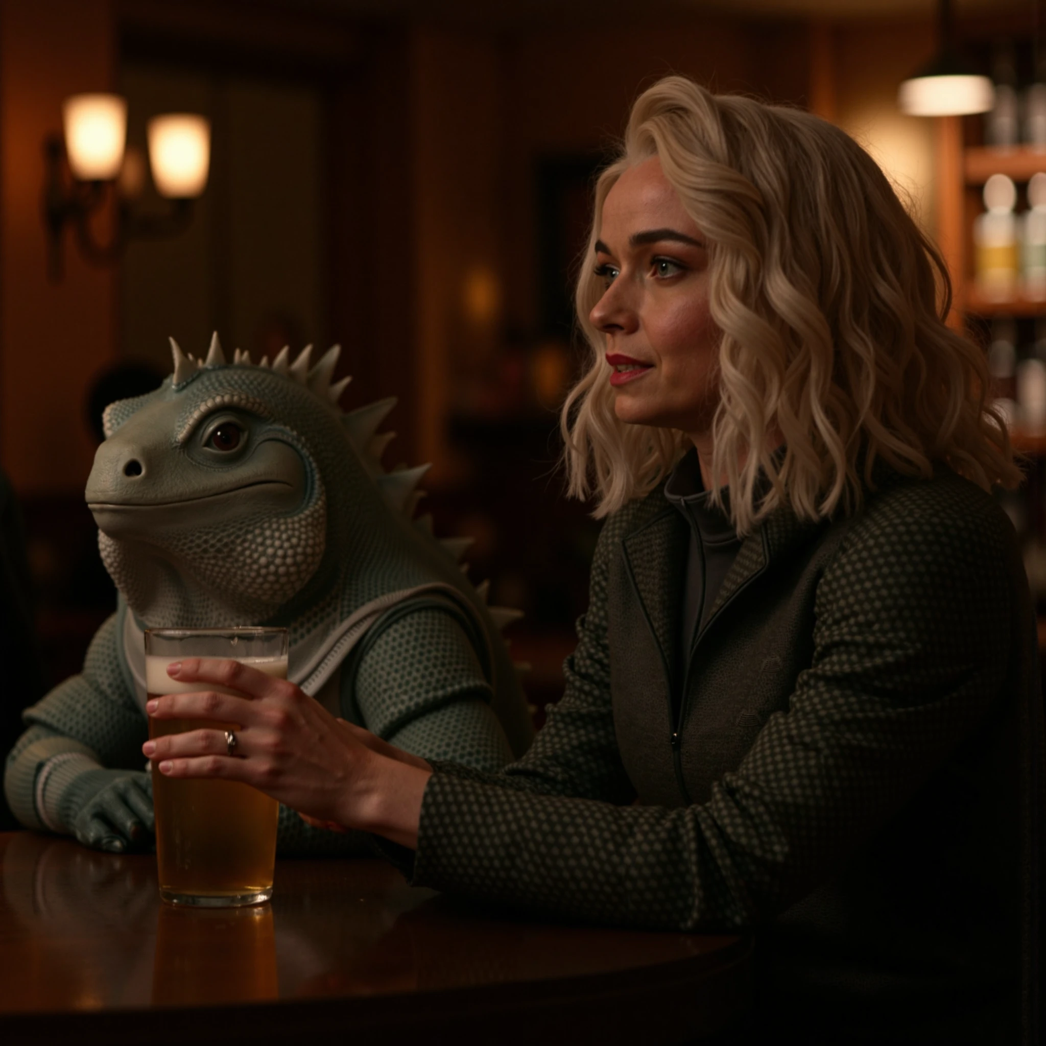 ultra-realistic high resolution photo of christine. she is sitting in a dimly lit pub with a pint of beer. a huge humanoid iguana is sitting next to her.