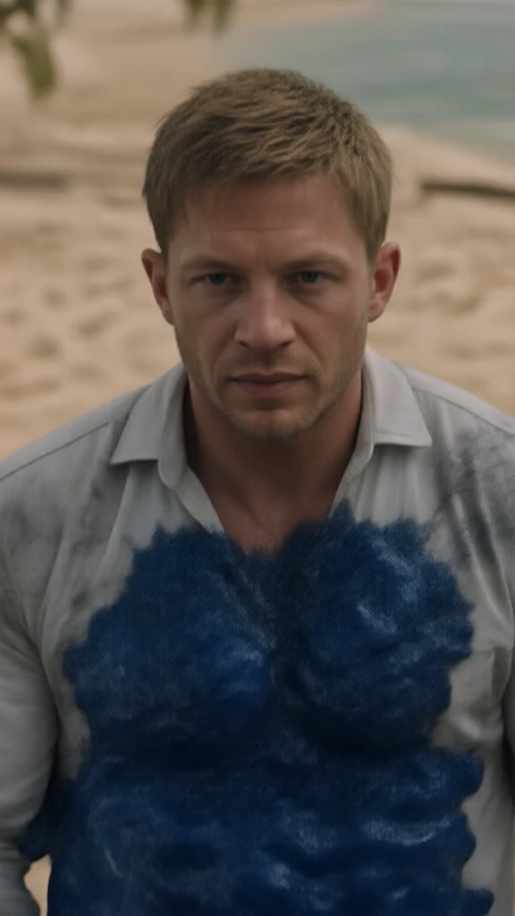 Sci-fi movie style. Beach scene during the day with a full-body shot. The video features a muscular young American man with short blonde hair, dressed in a white shirt, and possessing a handsome, celebrity-like face. He looks at the camera and undergoes a transformation into a humanoid alien resembling a blue version of Venom. His body is covered with blue liquid and tendrils, transforming him into a tall, powerful figure with blue skin. He then sticks out his tongue to demonstrate his power. The camera slowly zooms in. High resolution, high quality, ultra-high fidelity.