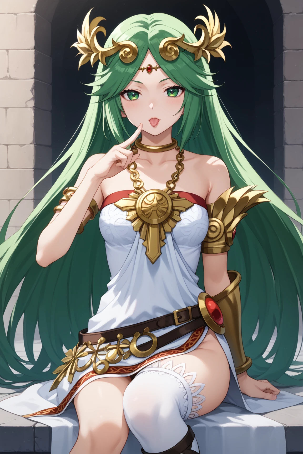 score_9, score_8_up, score_7_up, source anime, prefect lighting, very aesthetic, BREAK, anime coloring, anime screencap,
 <lora:palutena_v1-ponyv6:1>, 1girl, palutena, green eyes, green hair, parted bangs, long hair, 
paluout, laurel crown, white dress, strapless dress, bare shoulders, collarbone, neck ring, pendant, necklace, armlet, belt, side slit, white thighhighs, single thighhigh, mismatched footwear,
BREAK, looking at viewer,   index finger on eyes, tougue out, pupils sparkling, 
BREAK,