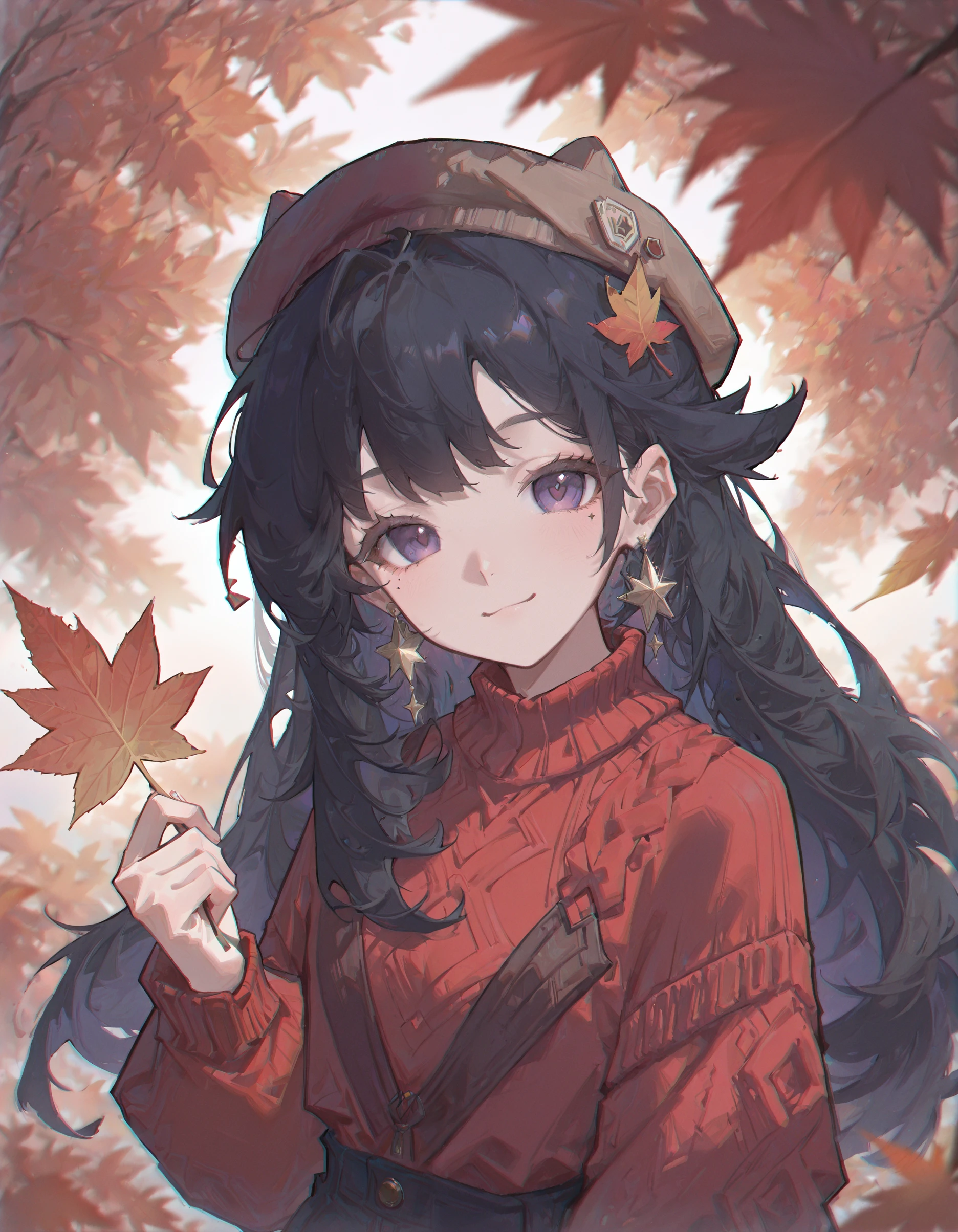 masterpiece, best quality, very aesthetic,newest, very awa,Y4ungpeng_illu, hat,1girl, solo, long hair, smile, earrings, jewelry, purple eyes, sweater, leaf, holding, star earrings, black hair, closed mouth, looking at viewer, red sweater, <lora:Y4ungpeng_style:1>,(blurry :1.2),chromatic aberration, depth of field,