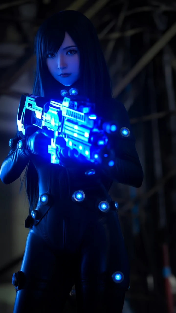 high quality realistic video of Reika in a dimly lit, industrial setting. Reika, a Caucasian woman with long, dark hair, is seen holding a large, futuristic, blue-lit rifle. She wears a form-fitting, dark bodysuit with a high collar, typical of her character's military attire. Her expression is intense and focused, suggesting a moment of action or preparation. The background is blurred, but hints of metallic structures and machinery can be seen, adding to the dystopian atmosphere. The lighting is predominantly dark, with the blue glow of the rifle providing the only significant illumination, highlighting Reika's determined face and the sleek, high-tech design of the weapon. This image captures the film's blend of suspense and futuristic technology.